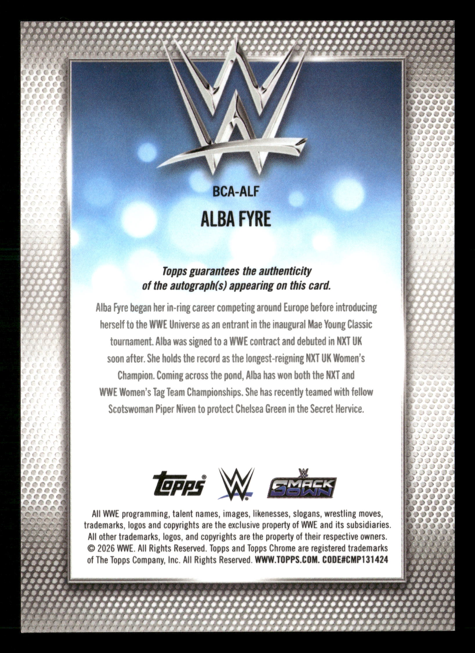 2026 Topps Chrome WWE #BCA-ALF Alba Fyre Orange Geometric Auto #/25
