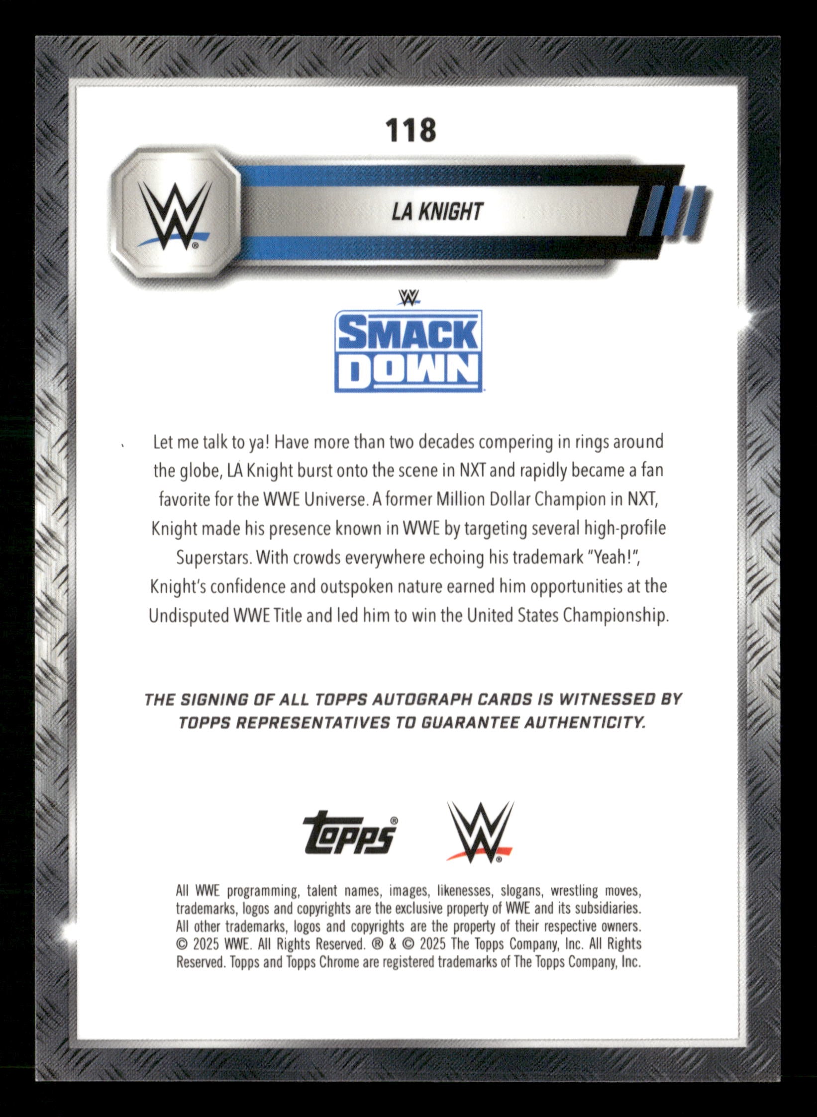 2025 Topps Chrome WWE #118 LA Knight Autographs Red Refractor #/5