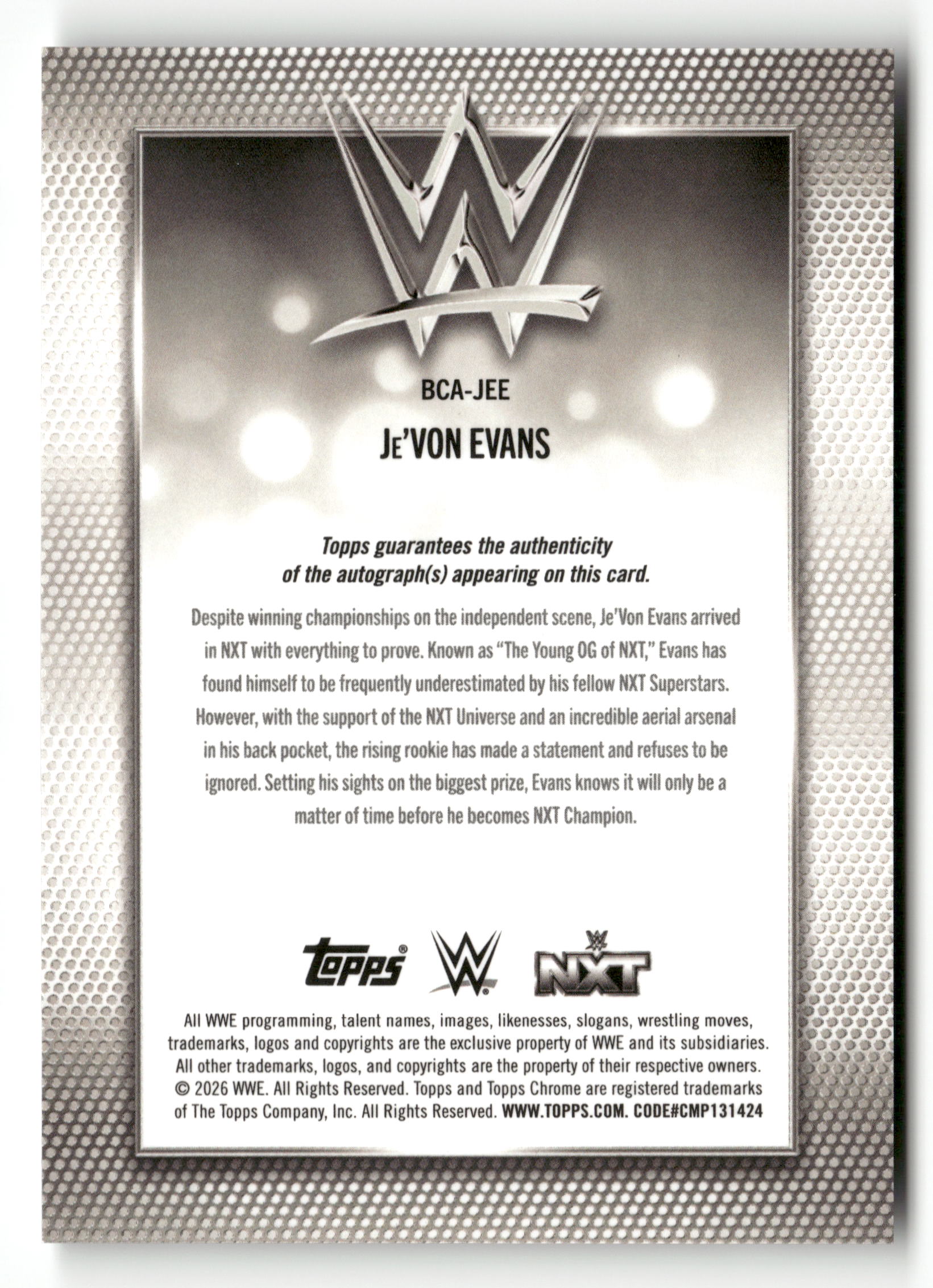 2026 Topps Chrome WWE #BCA-JEE Je'Von Evans Base Autographs