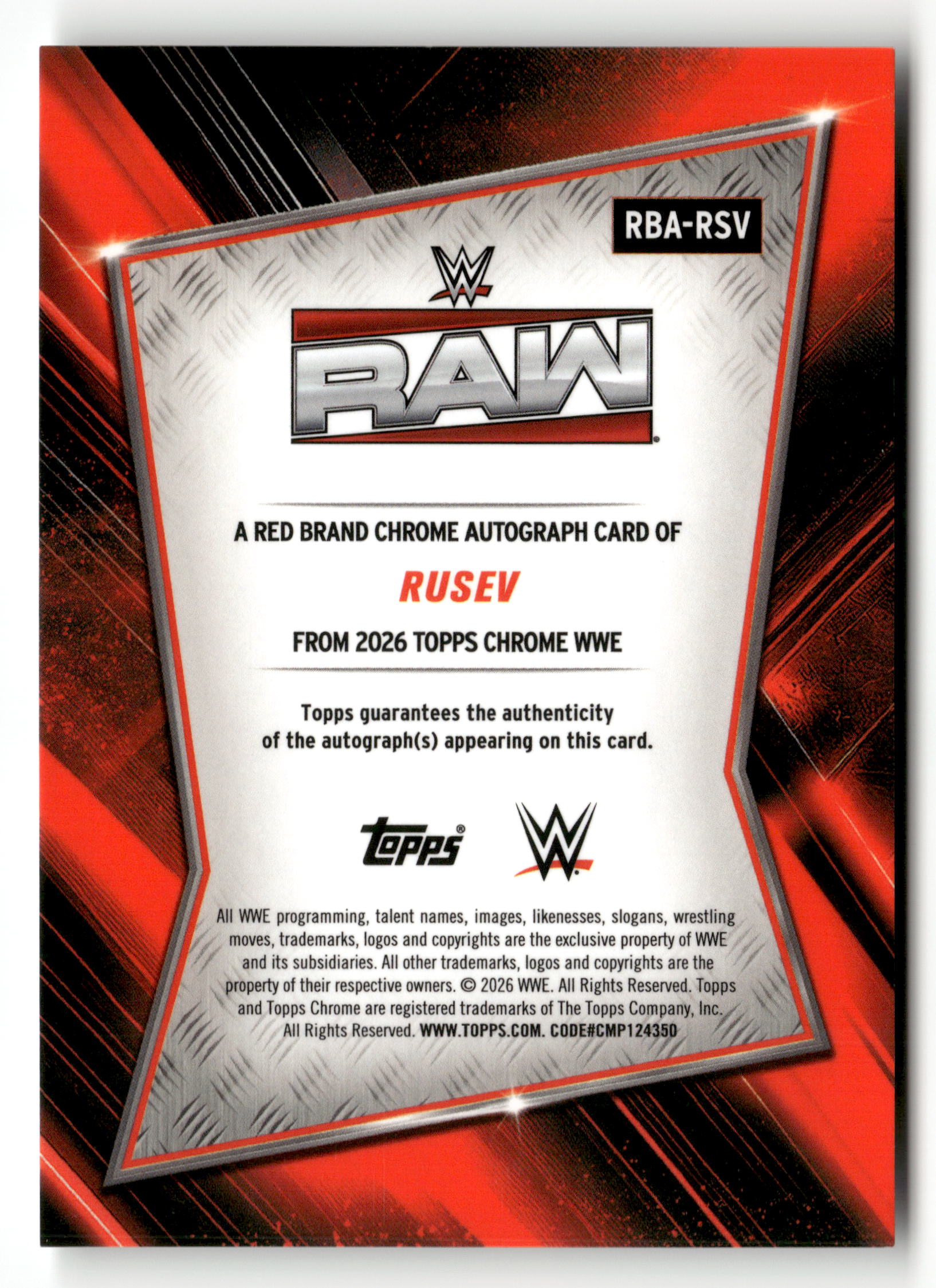 2026 Topps Chrome WWE #RBA-RSV Rusev Red Brand Autographs