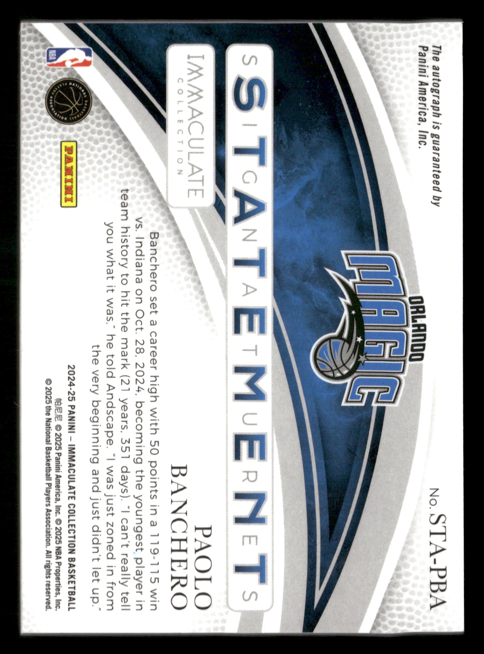 2024-25 Immaculate #STA-PBA Paolo Banchero Statement Signatures #1/10 Bookend
