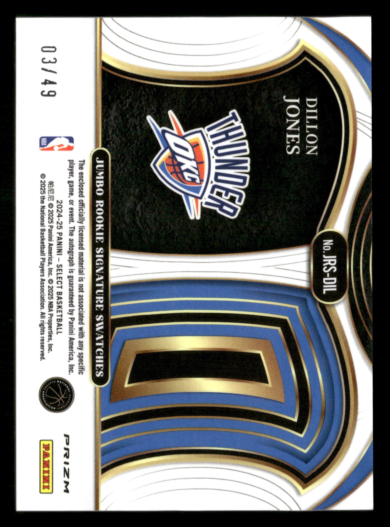 2024-25 Select #JRS-DIL Dillon Jones Jumbo Rookie Signature Swatches White #/49
