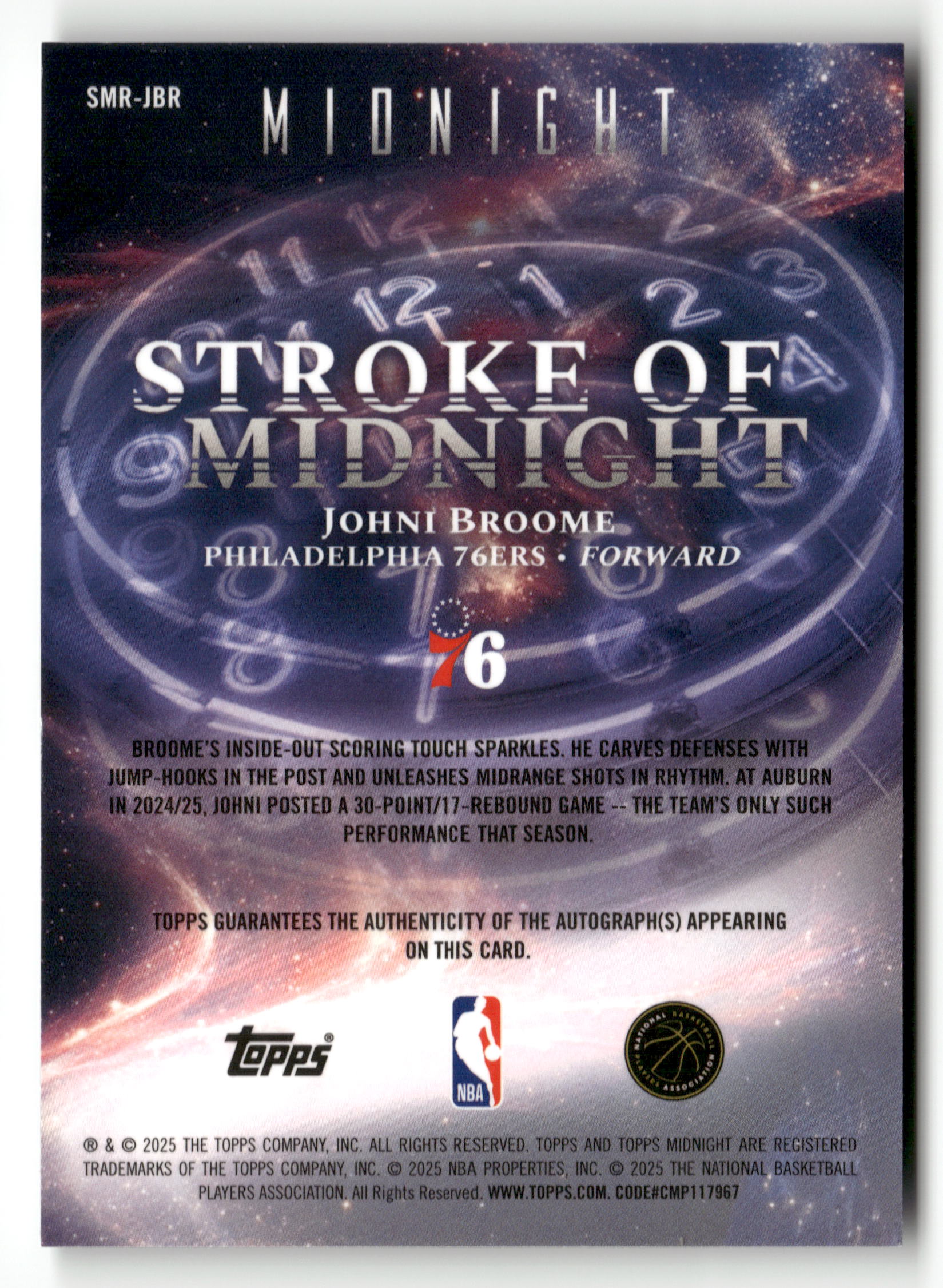 2025-26 Midnight #SMR-JBR Johni Broome Stroke of Midnight Auto RC Twilight #/199