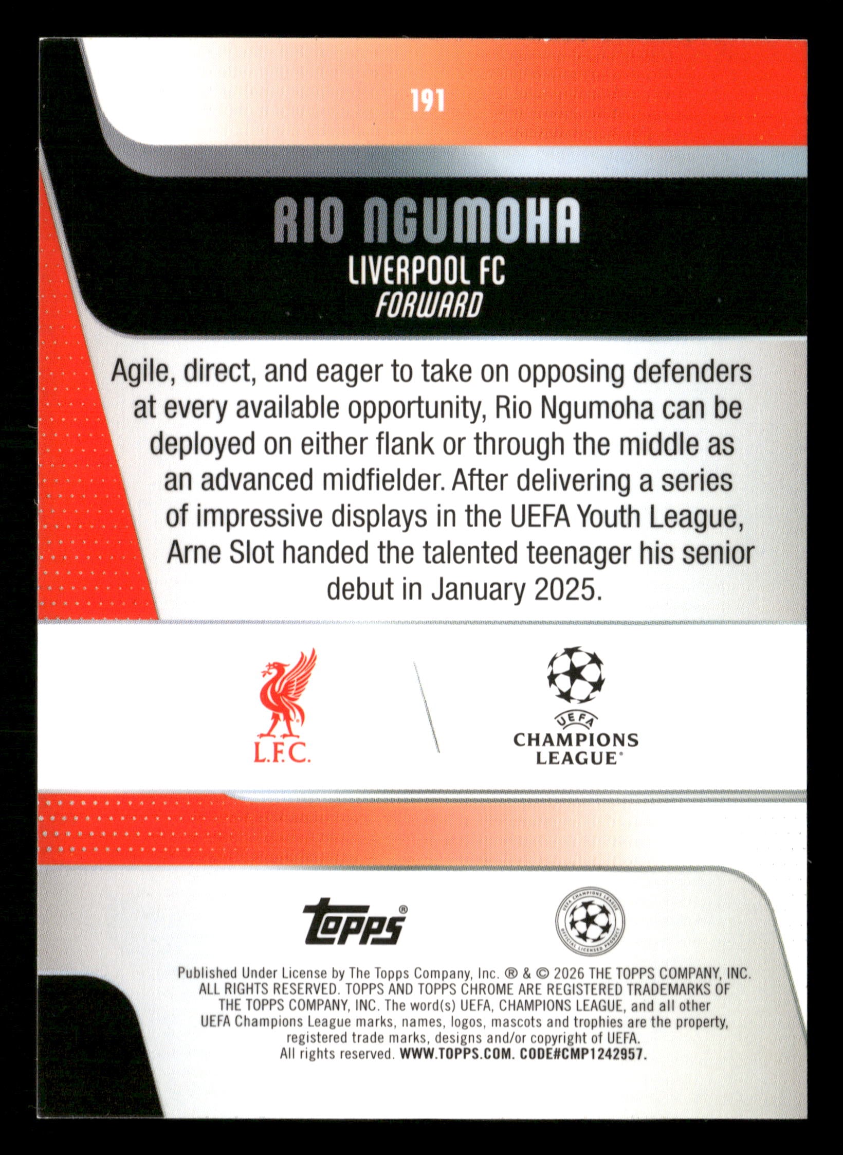 2025-26 Chrome UEFA CC #191 Rio Ngumoha Green Mini-Diamonds #/99