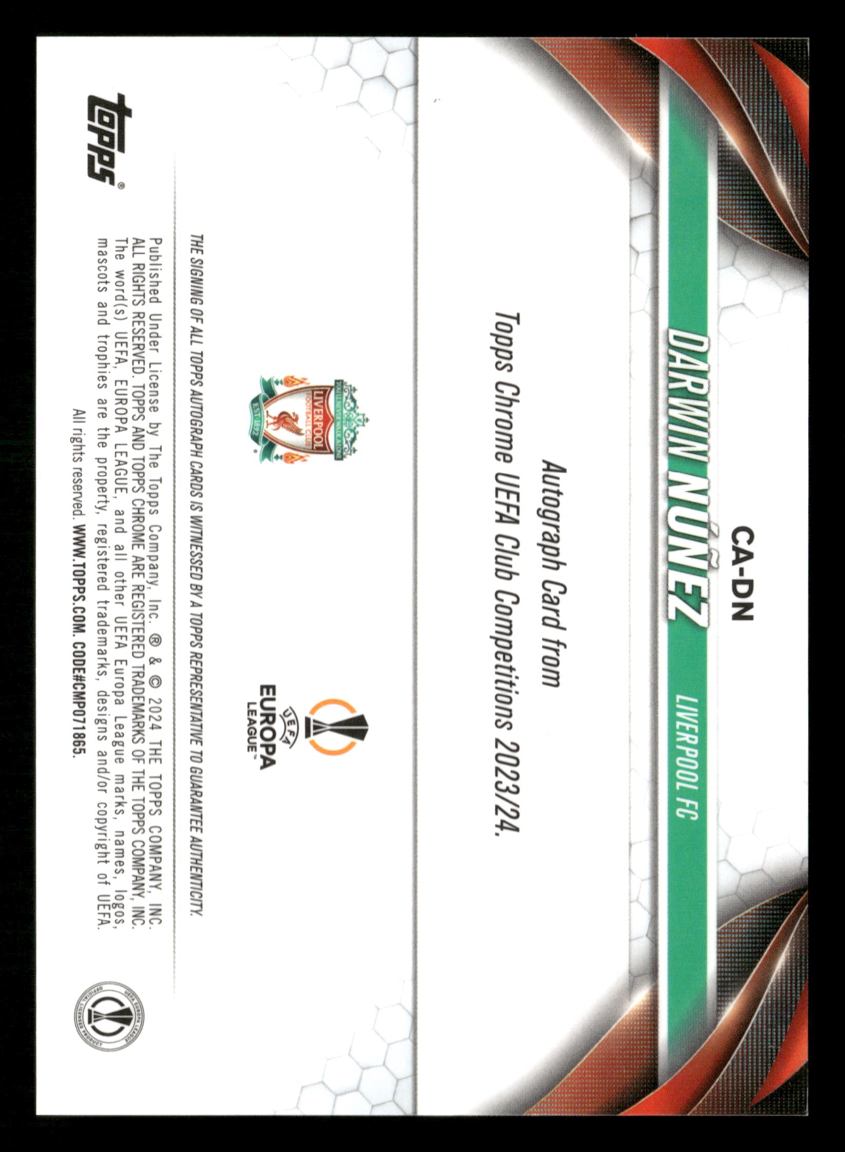 2023-24 Chrome UEFA CC #CA-DN Darwin Núñez Auto Aqua Lava