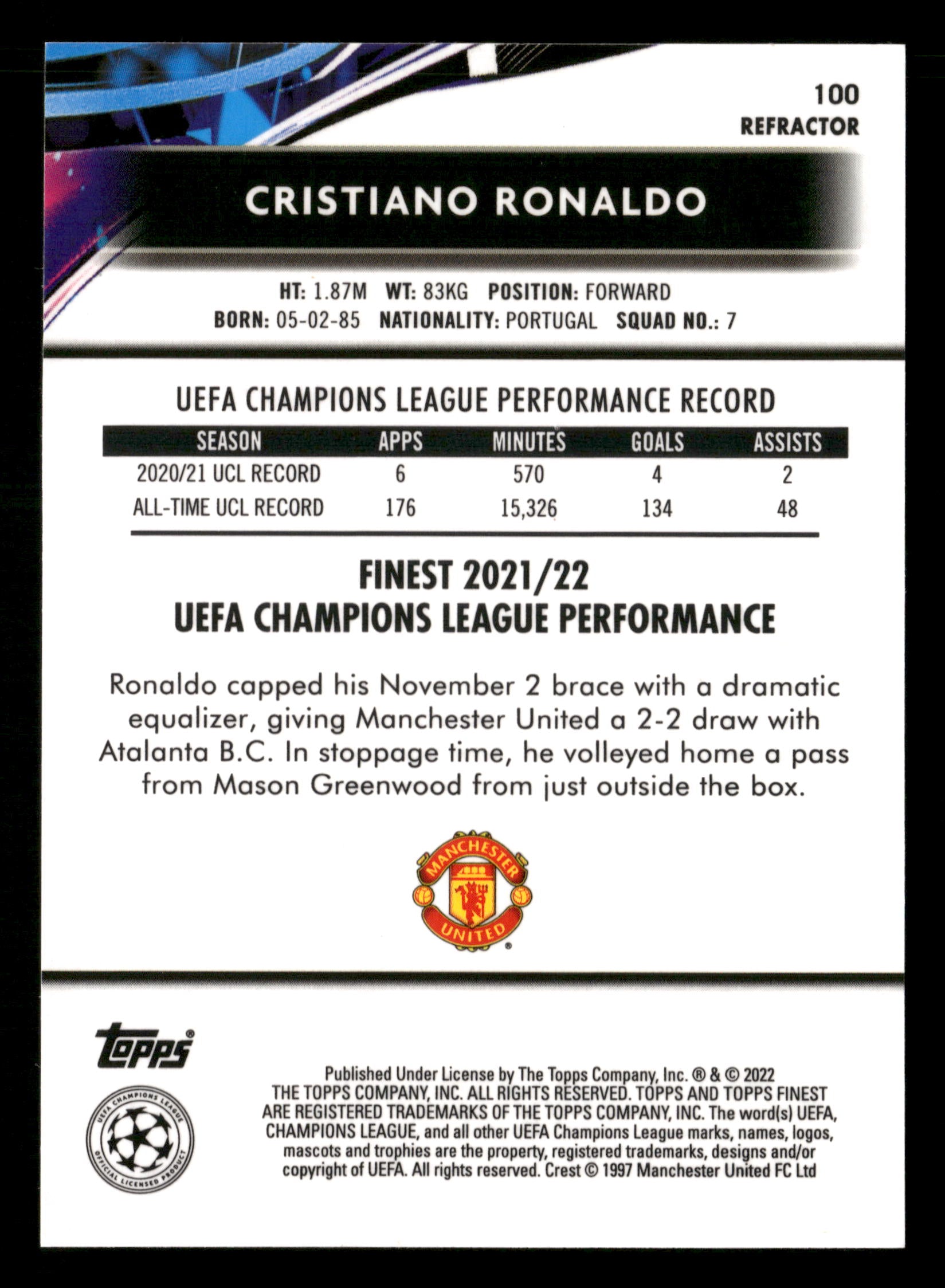 2021-22 Finest UEFA Champions League #100 Cristiano Ronaldo Refractor