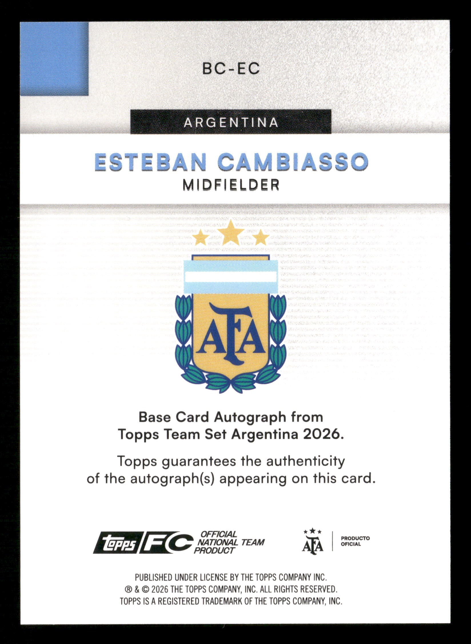 2026 Topps Argentina Team Set #BC-EC Esteban Cambiasso Auto #/150