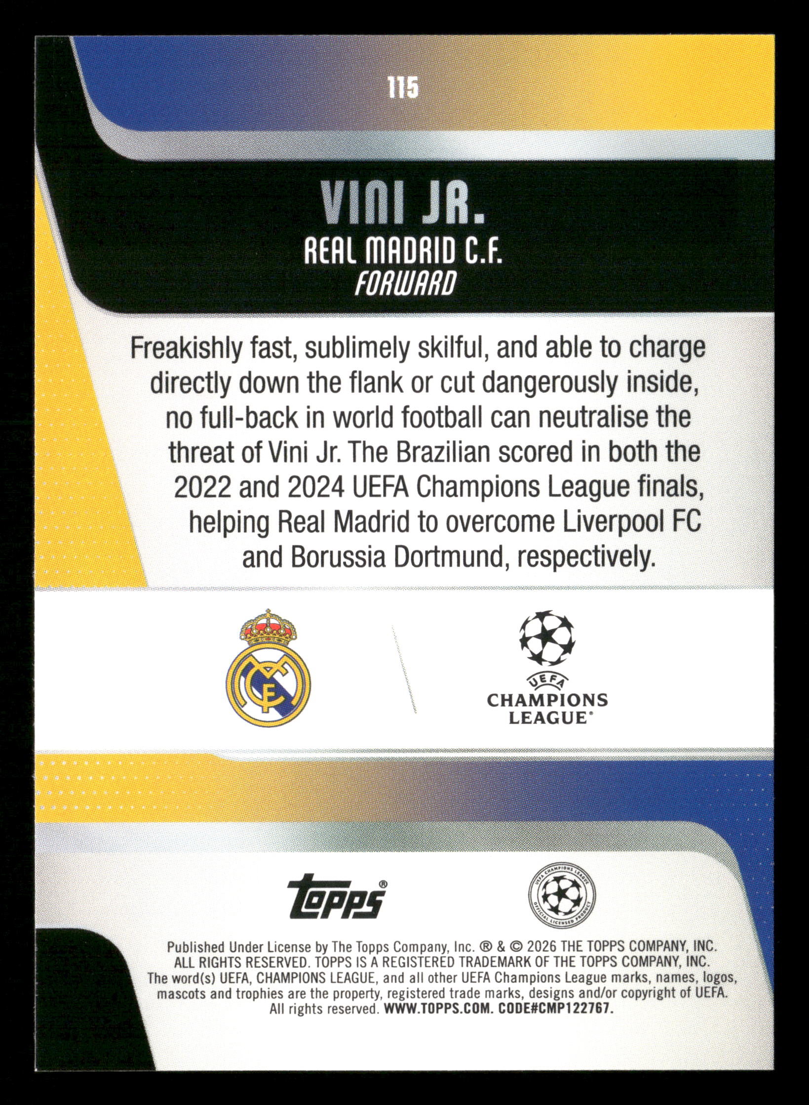 2025-26 Topps UEFA Club Competitions #115 Vini Jr. Black & White Holo #/75