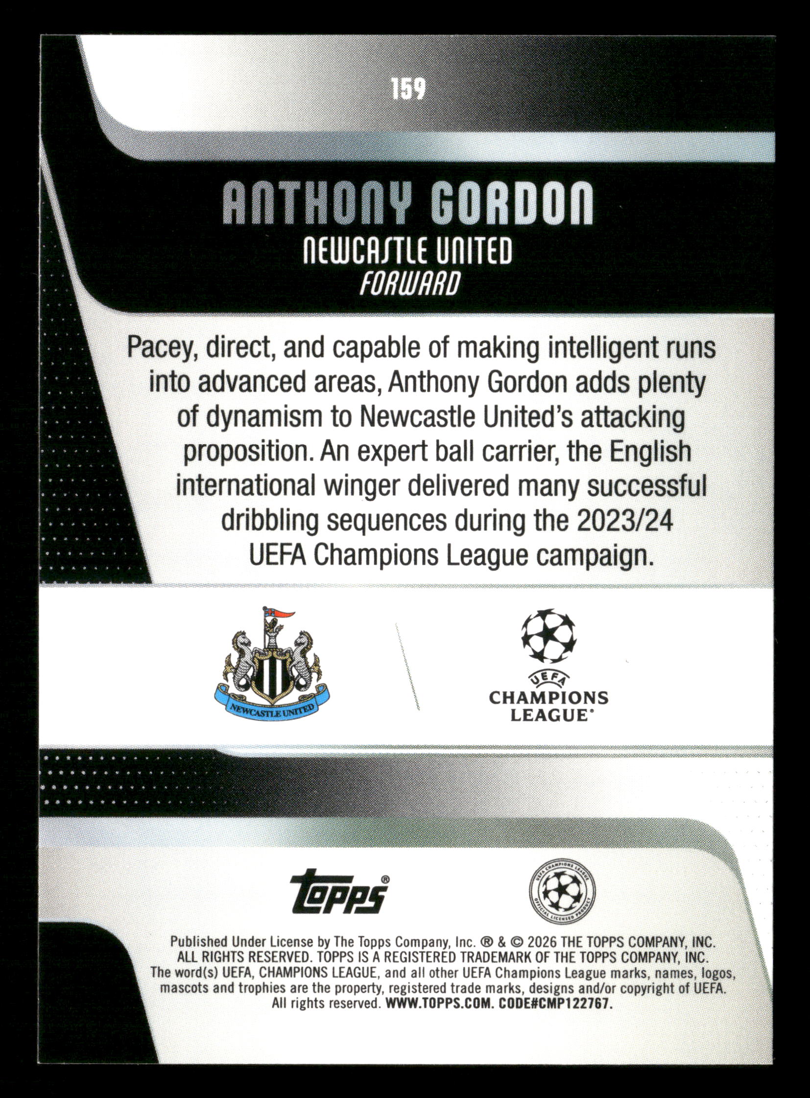 2025-26 Topps UEFA Club Competitions #159 Anthony Gordon Gold Raindrops #/50