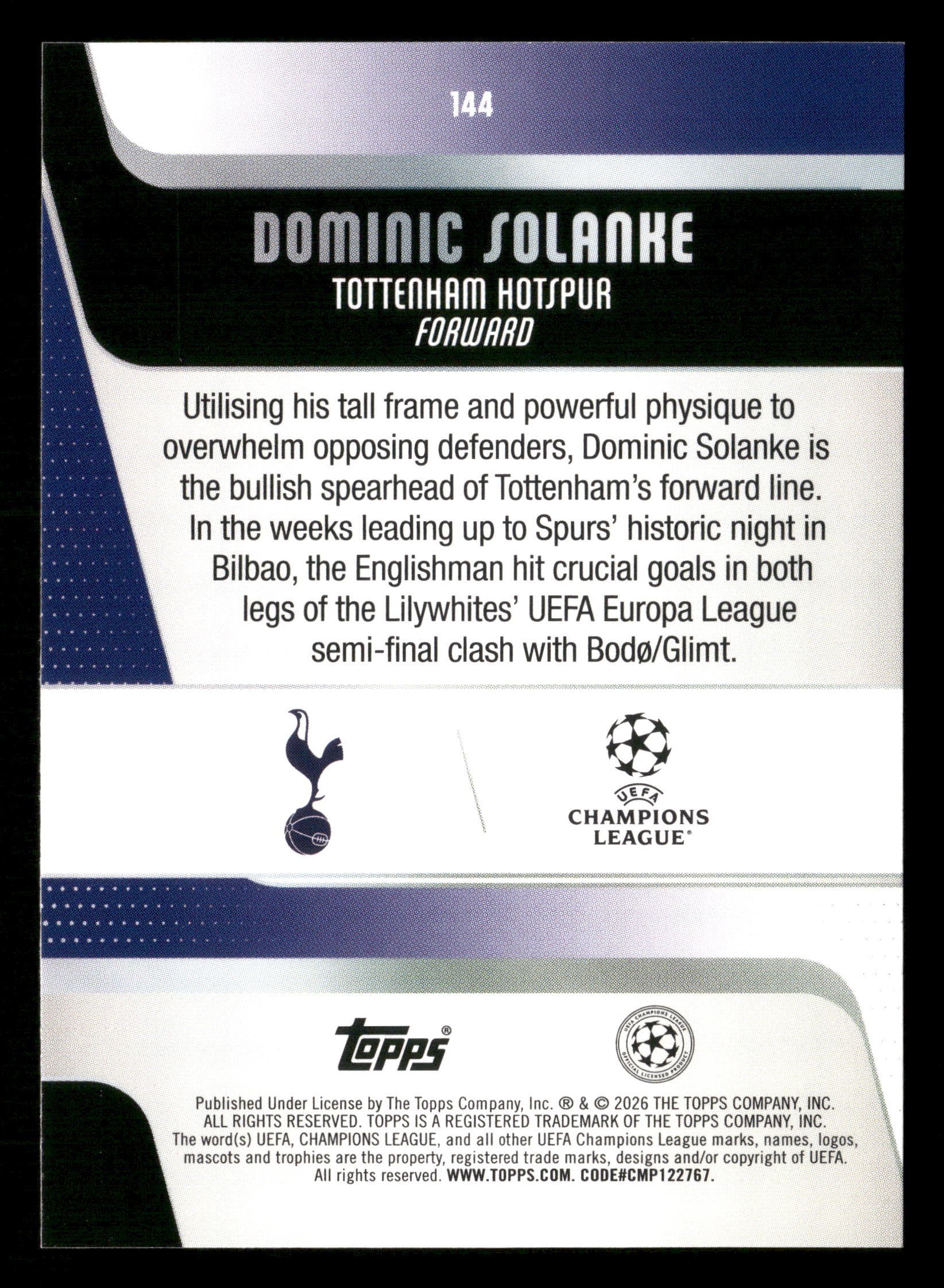 2025-26 Topps UEFA Club Competitions #144 Dominic Solanke Orange Holo #/25