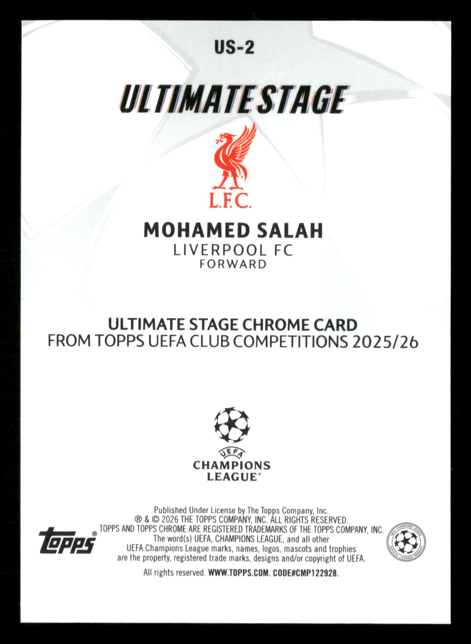 2025-26 Topps UEFA CC #US-2 Mohamed Salah Ultimate Stage Chrome Green #/99