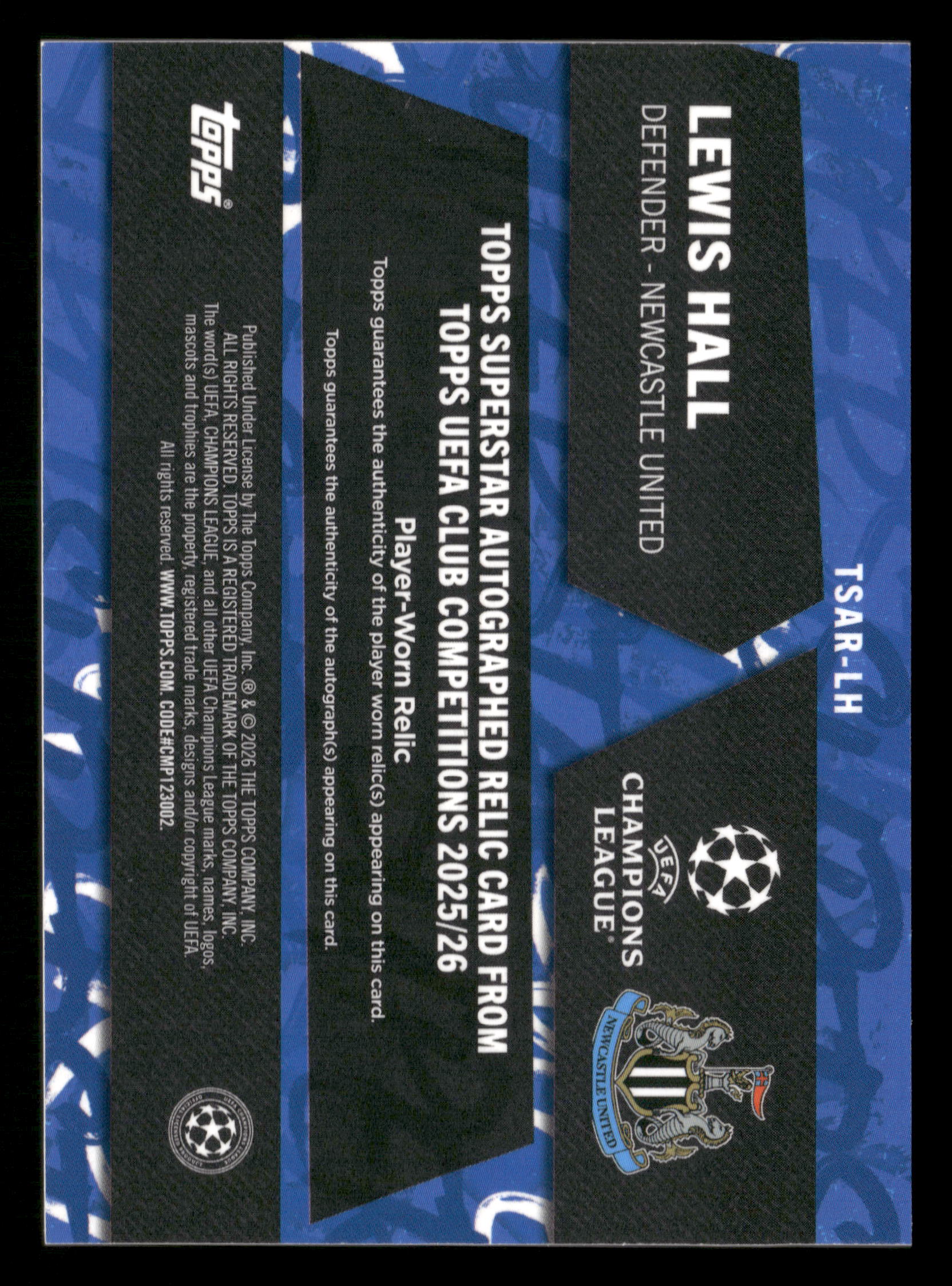 2025-26 Topps UEFA CC #TSAR-LH Lewis Hall Autographed Relics Green #/99