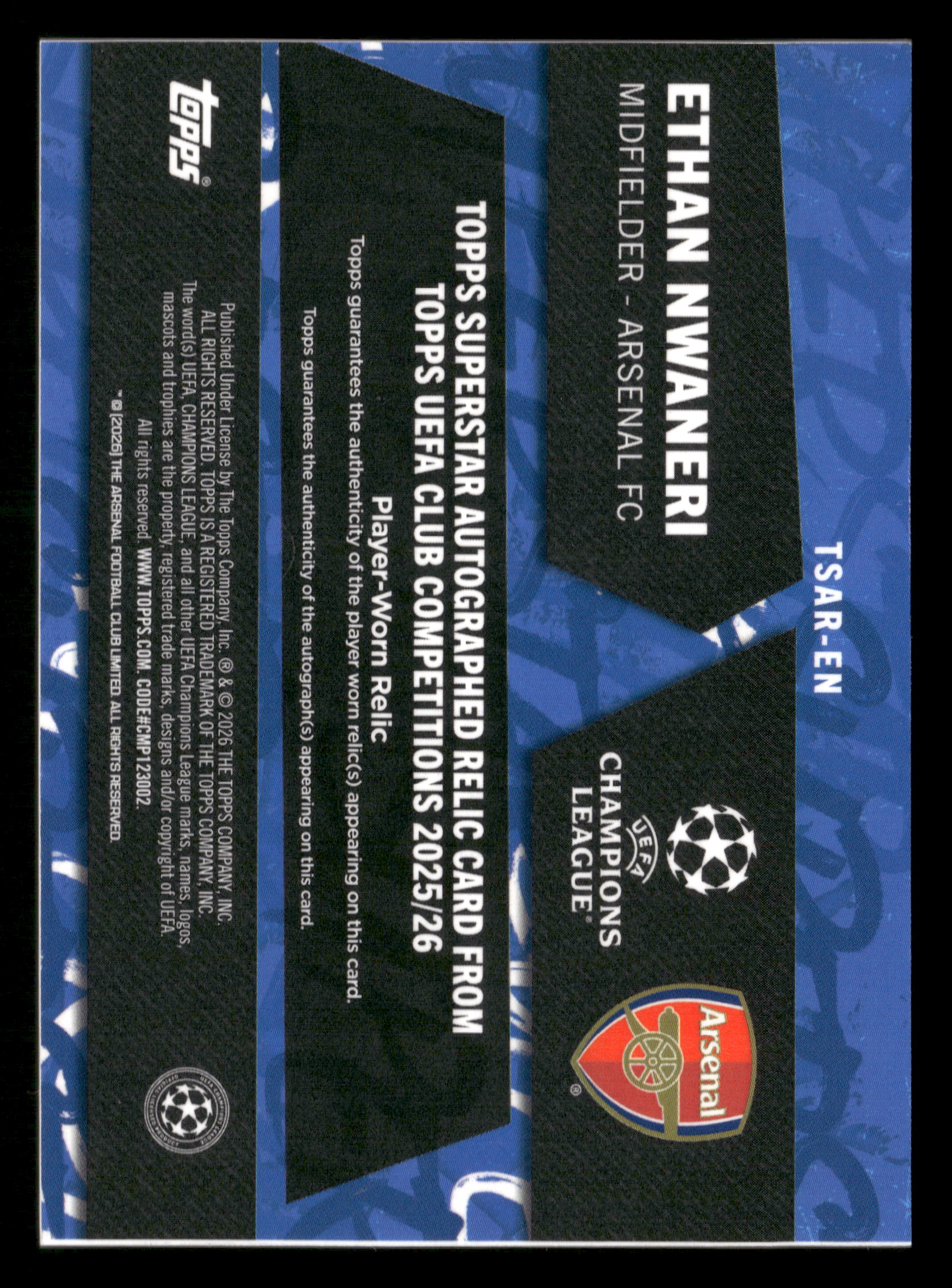 2025-26 Topps UEFA CC #TSAR-EN Ethan Nwaneri Autographed Relics #/125