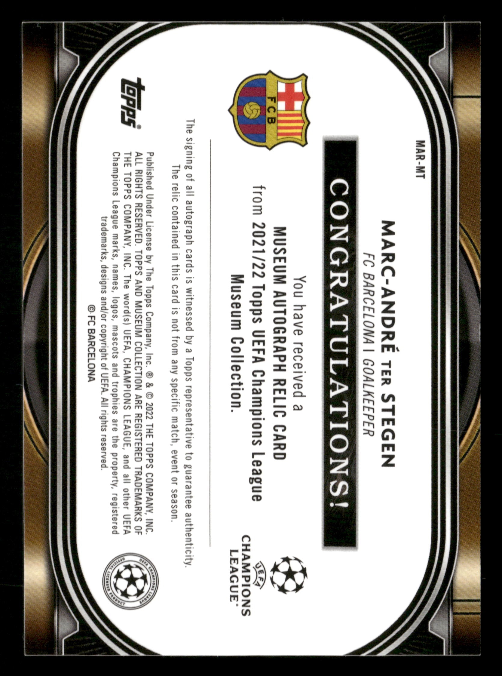2021-22 Museum Champions League Marc-Andre ter Stegen Auto Relic #/250