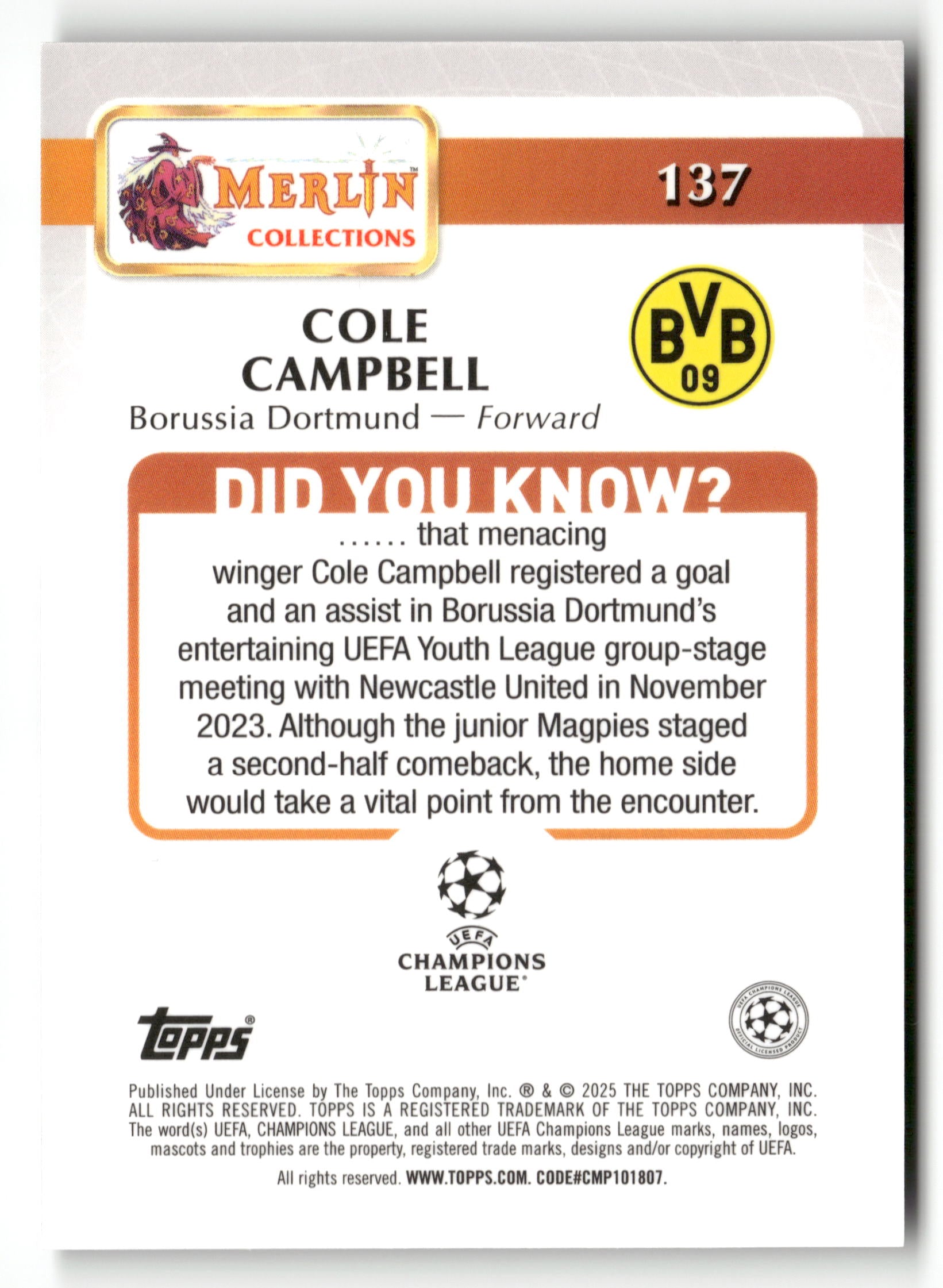 2024-25 Merlin UEFA Club Competitions #137 Cole Campbell Black #/10 RC