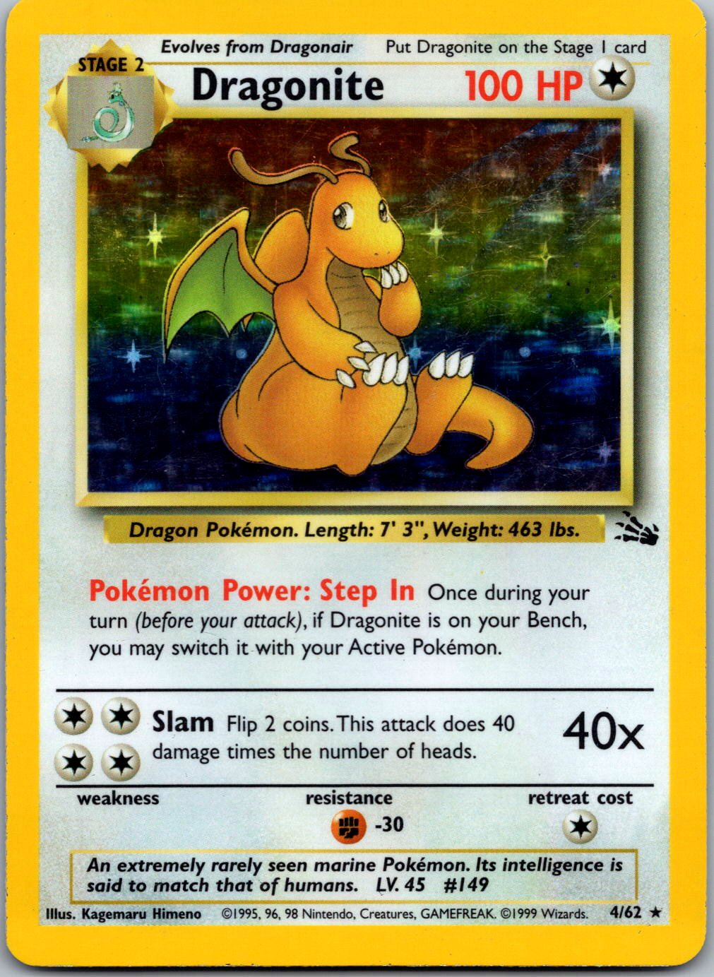 1999 Pokemon Fossil 04/62 Dragonite (4) Holo Rare