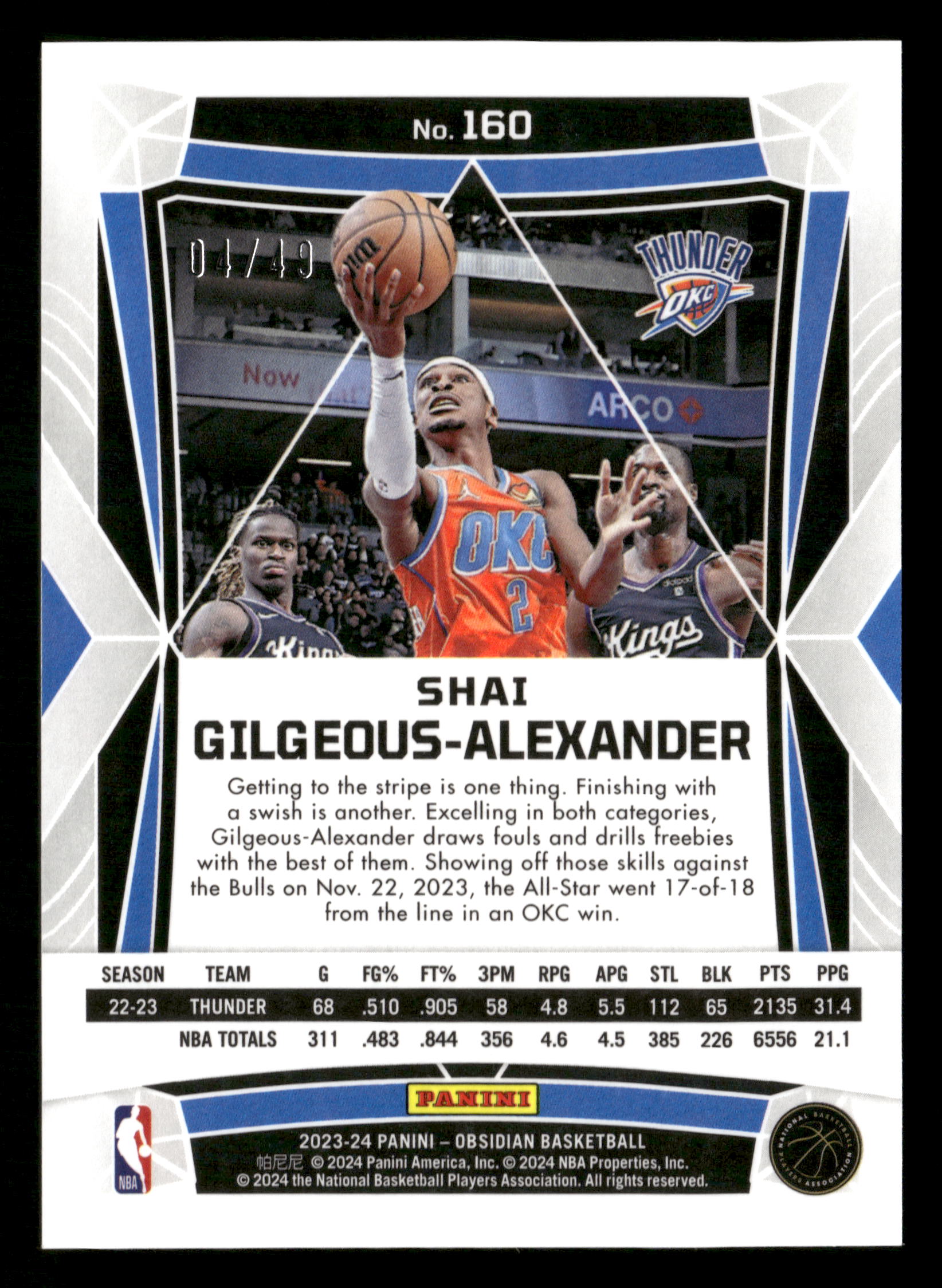 2022-23 Panini Obsidian #160 Shai Gilgeous-Alexander Electric Purple Flood #/49