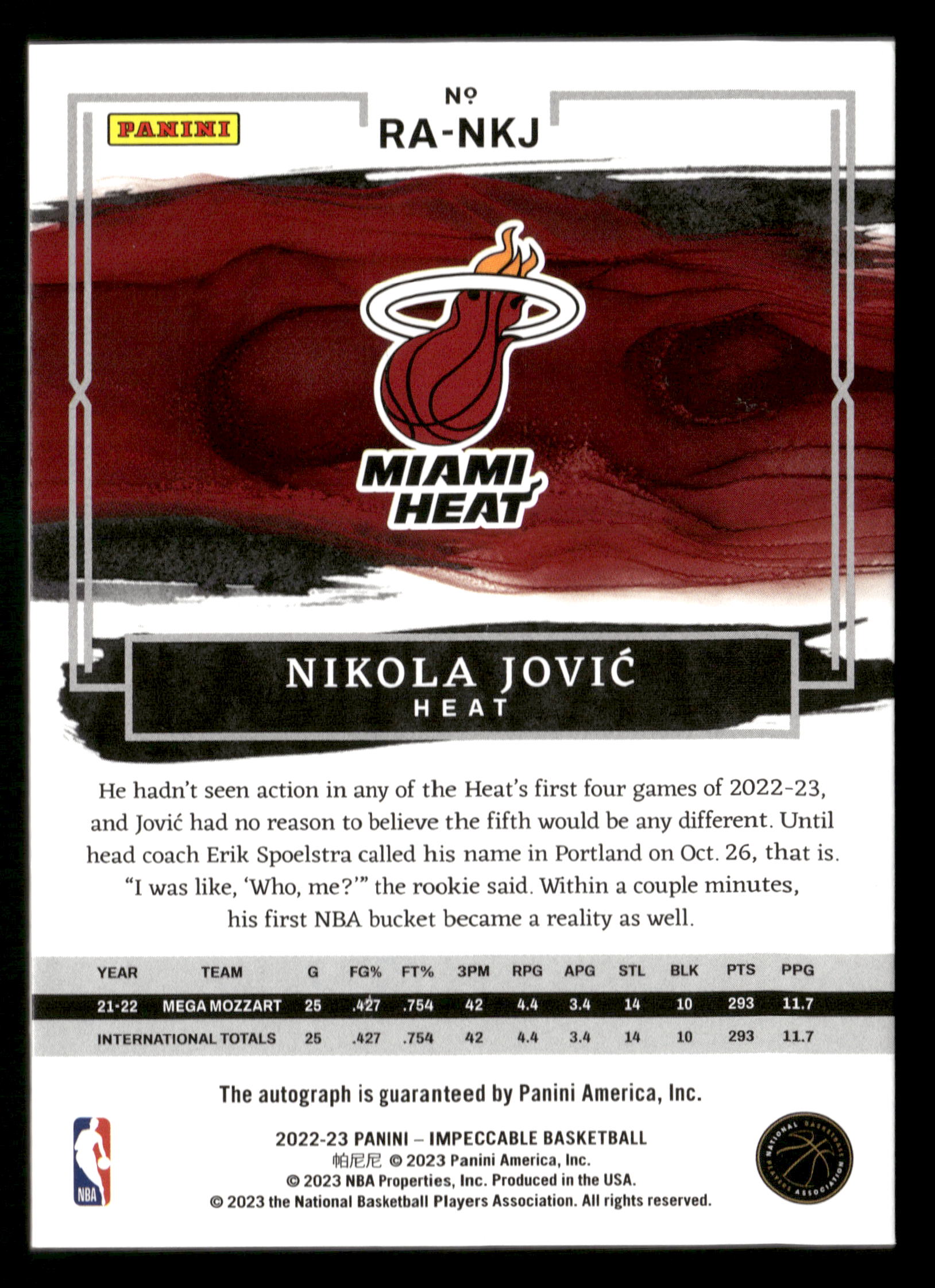 2022-23 Panini Impeccable #RA-NKJ Nikola Jovic Rookie Autographs Asia #/88