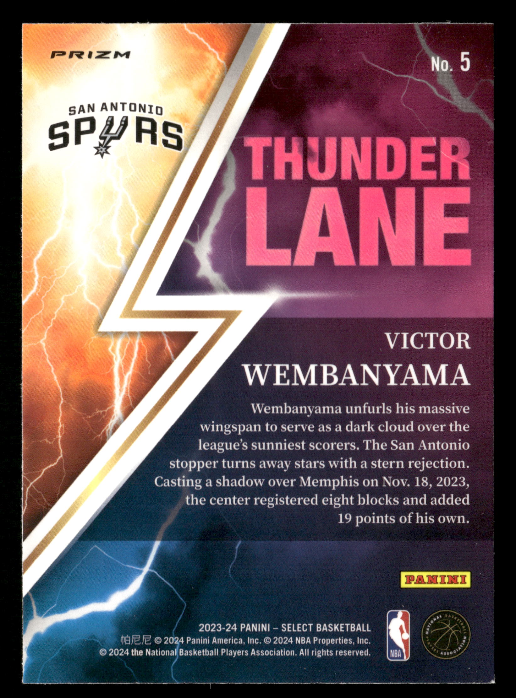 2023-24 Panini Select #5 Victor Wembanyama Thunder Lane