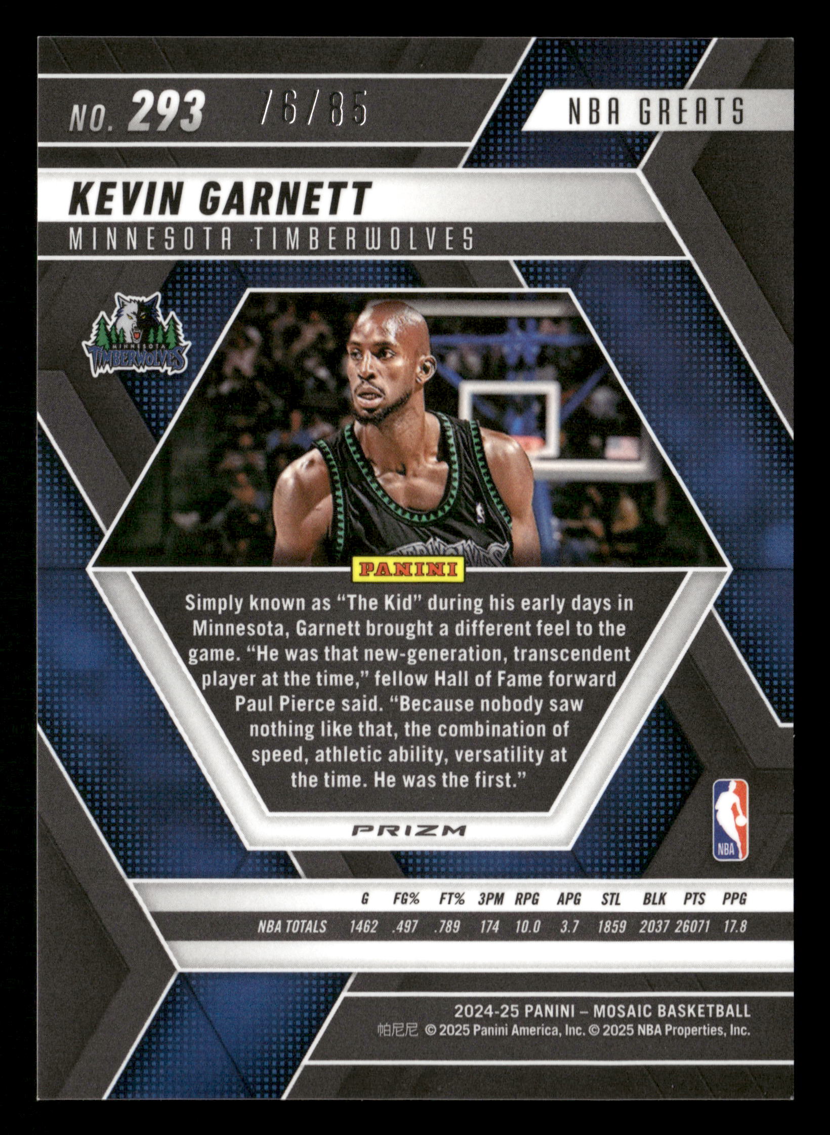 2024-25 Panini Mosaic #293 Kevin Garnett Fast Break Blue Mosaic #/85