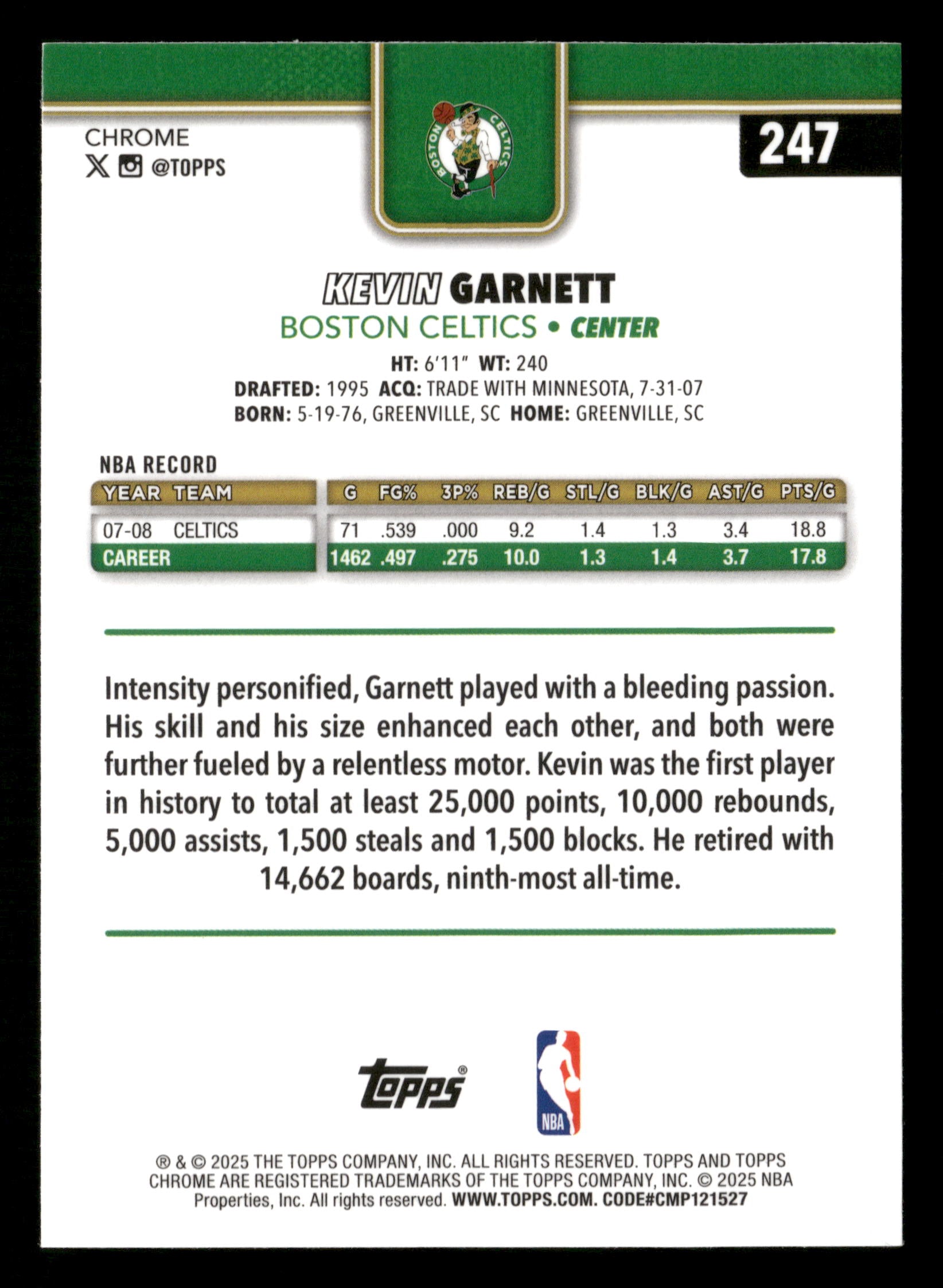 2025-26 Topps Chrome #247 Kevin Garnett Green Wave Refractor #/99