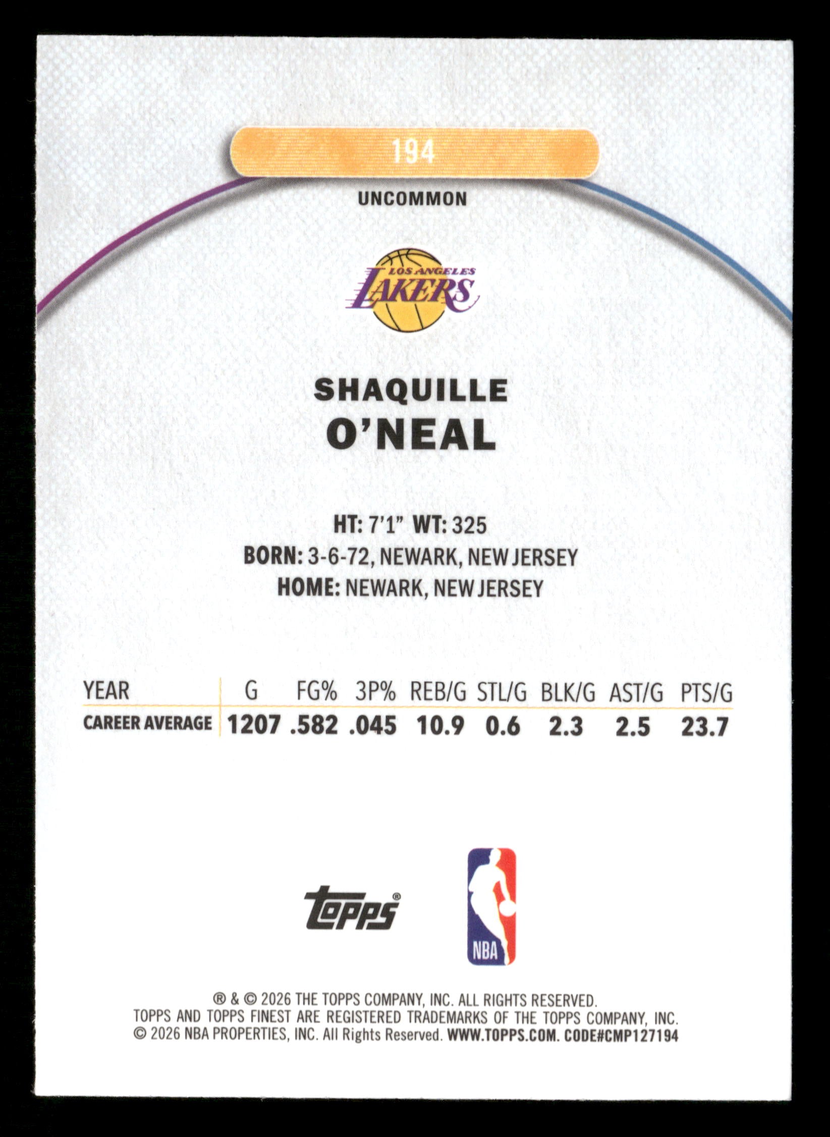 2025-26 Finest #194 Shaquille O'Neal Purple X-Fractor #/99
