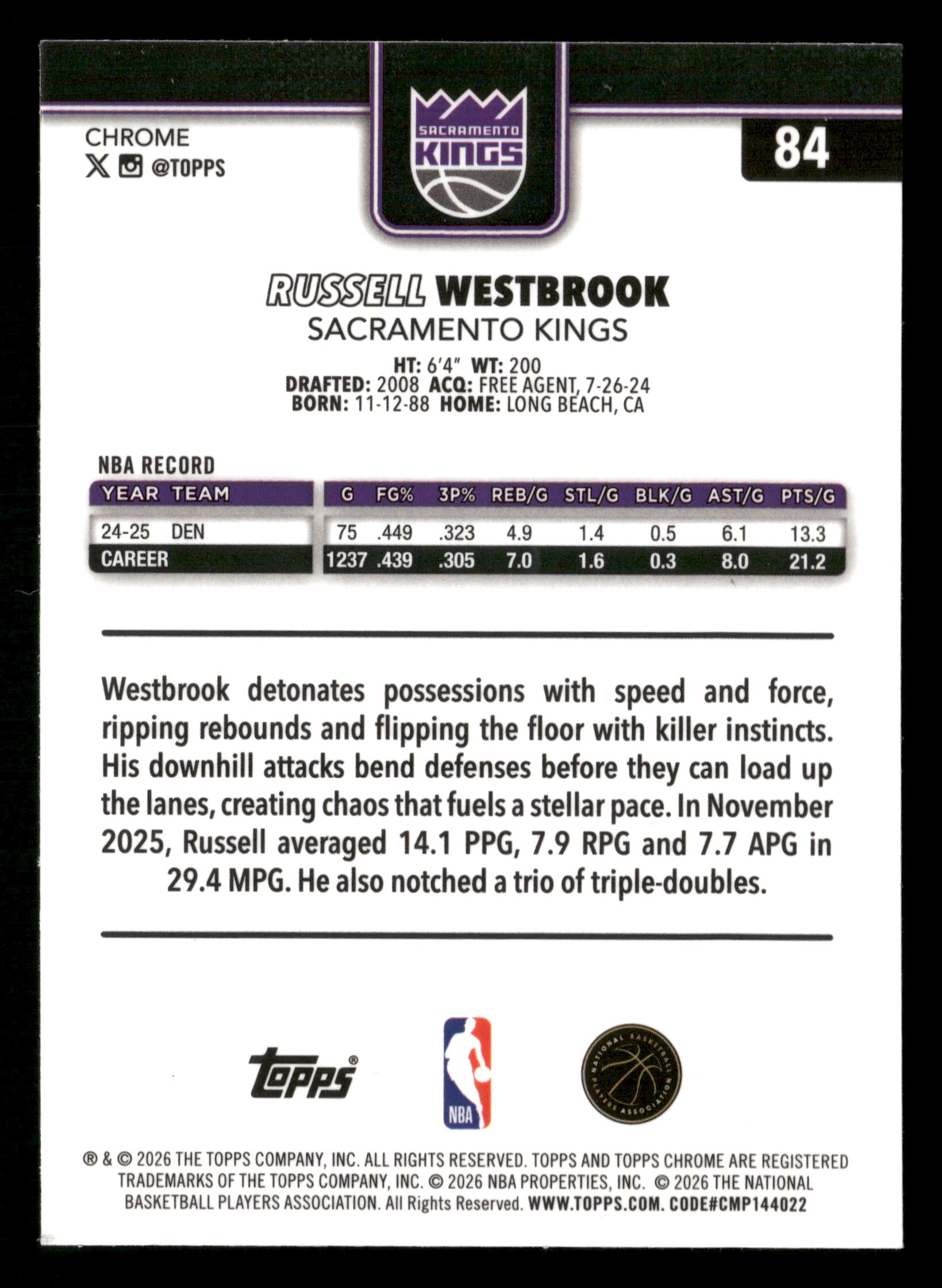2025-26 Topps Chrome #15 Russell Westbrook Purple Wave Refractor #/75