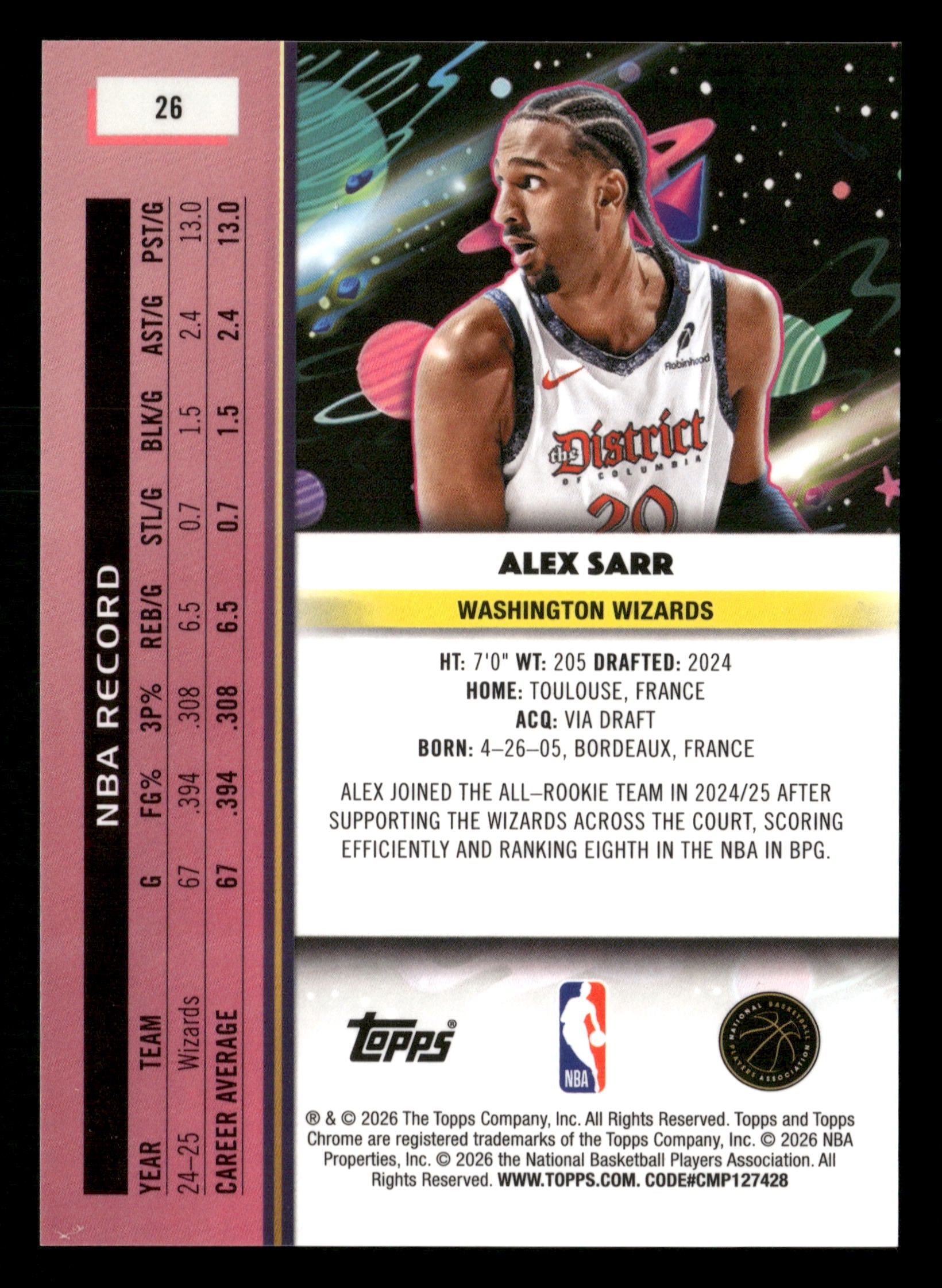 2025-26 Topps Chrome Cosmic #26 Alex Sarr Gold Interstellar Refractor #/50