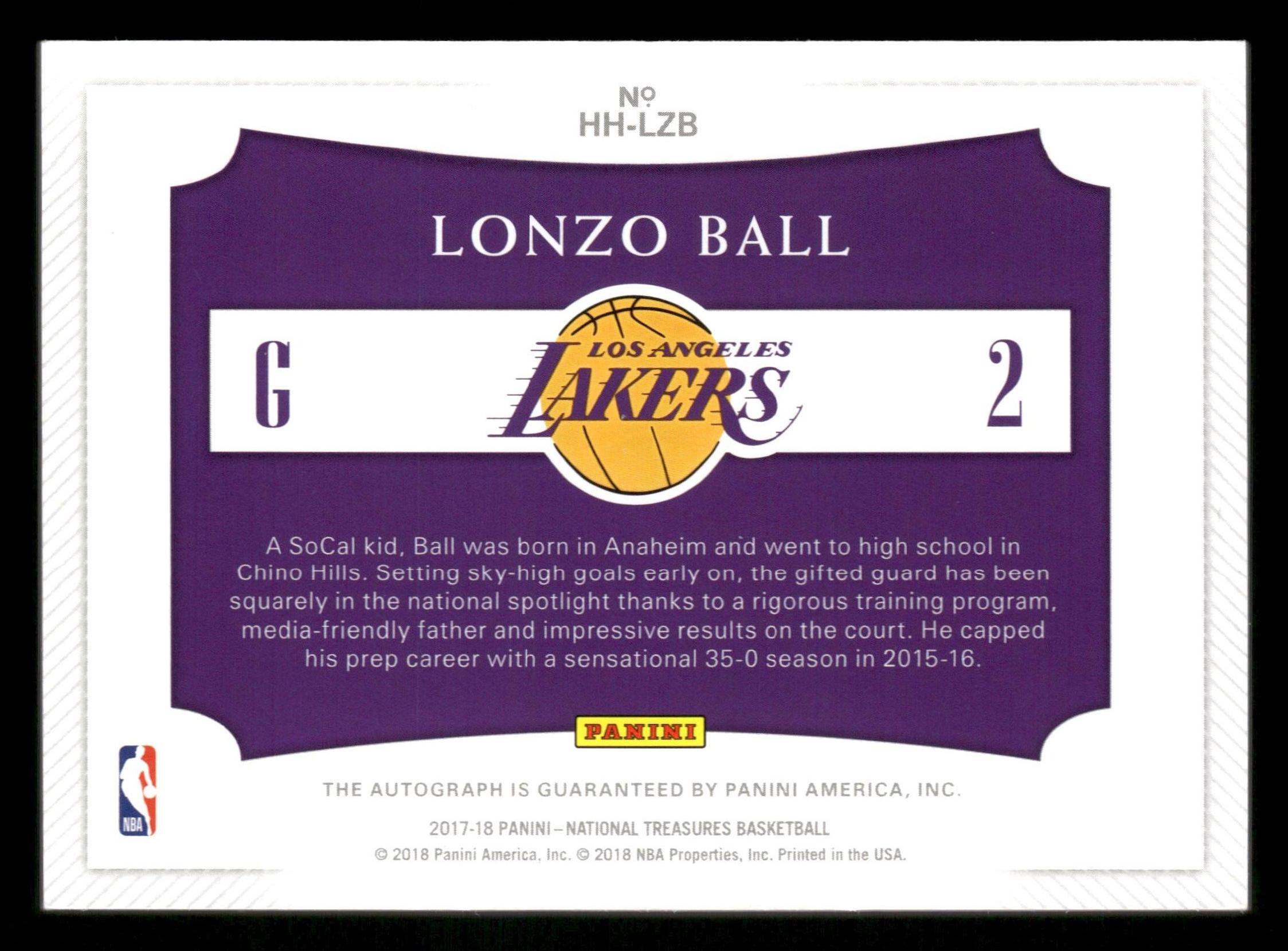 2017-18 Panini National Treasures #HH-LZB Lonzo Ball Hometown Heroes #/49