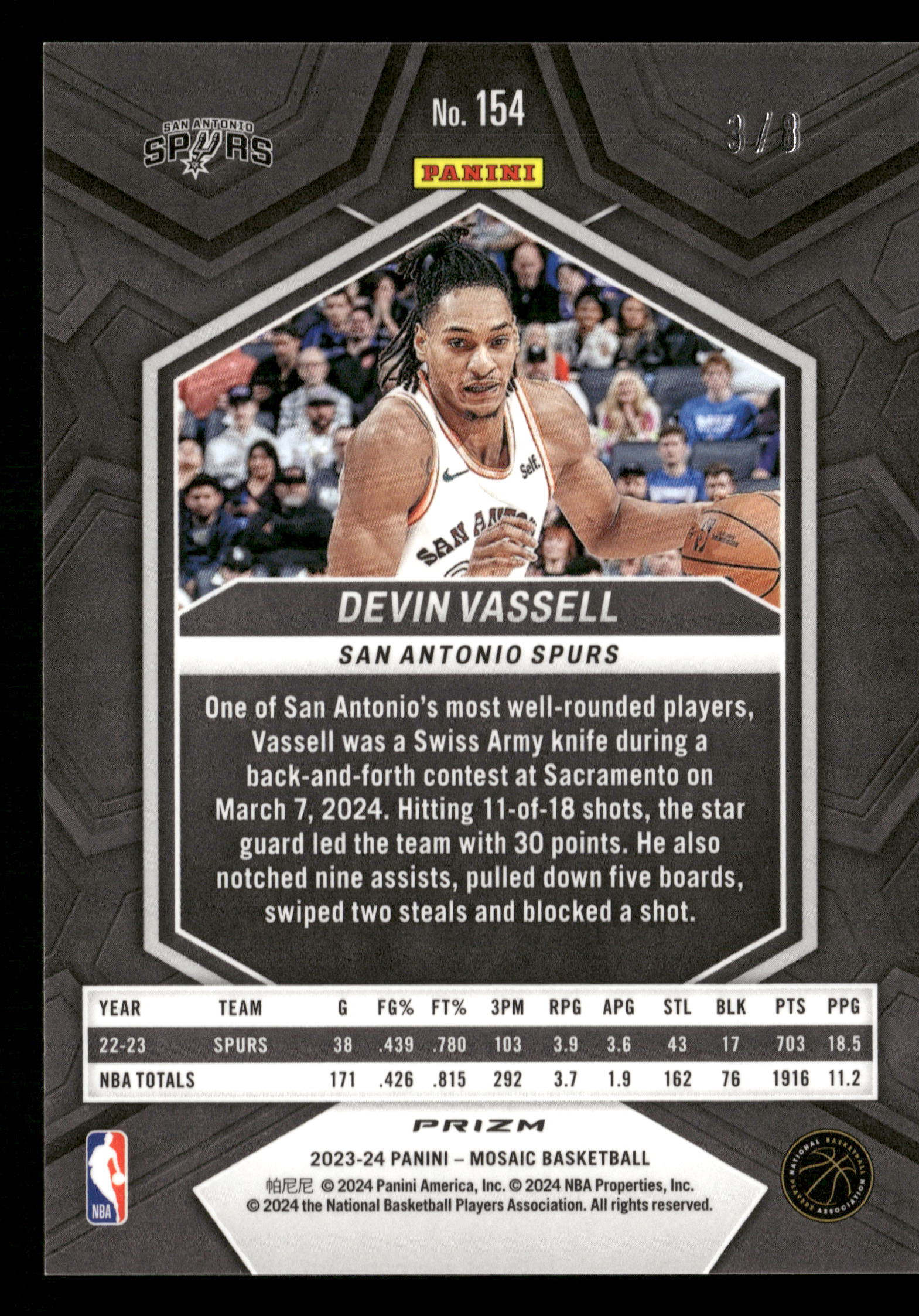 2023-24 Panini Mosaic #154 Devin Vassell Choice Black Gold #/8