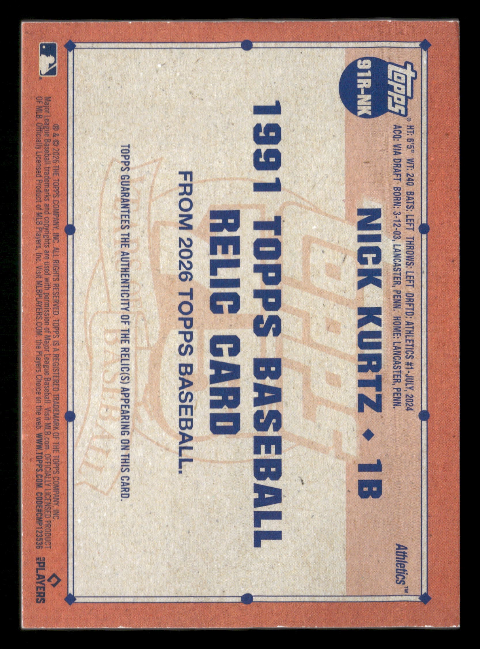 2026 Topps #91R-NK Nick Kurtz 1991 35th Anniversary Relics Orange #/25