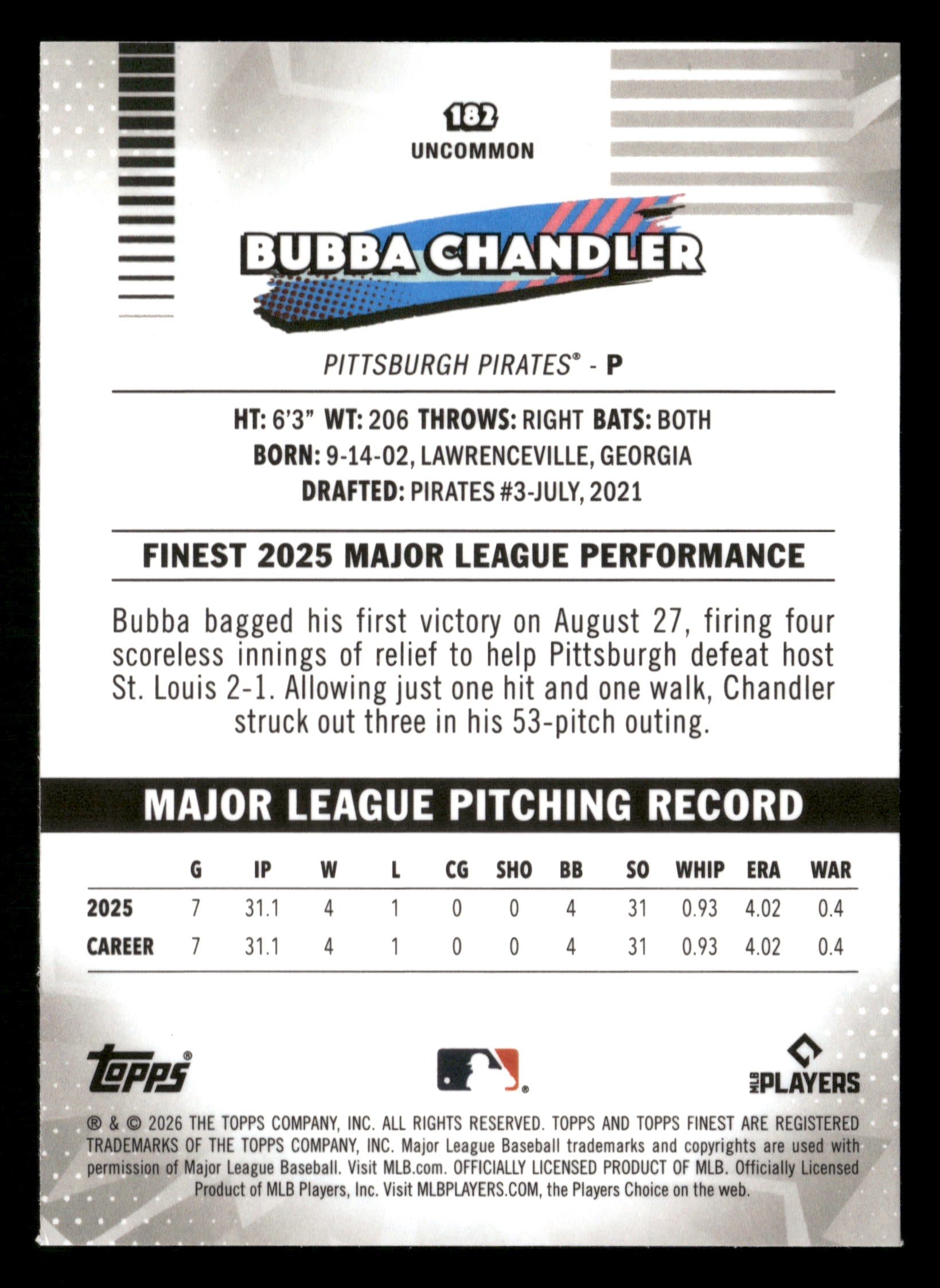 2026 Finest #182 Bubba Chandler Purple X-Fractors #/75