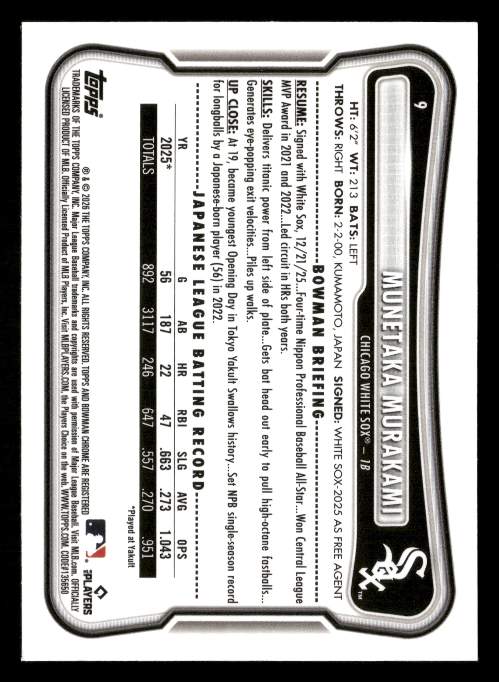 2026 Bowman #9 Munetaka Murakami Rookie Red RC Logo Refractor
