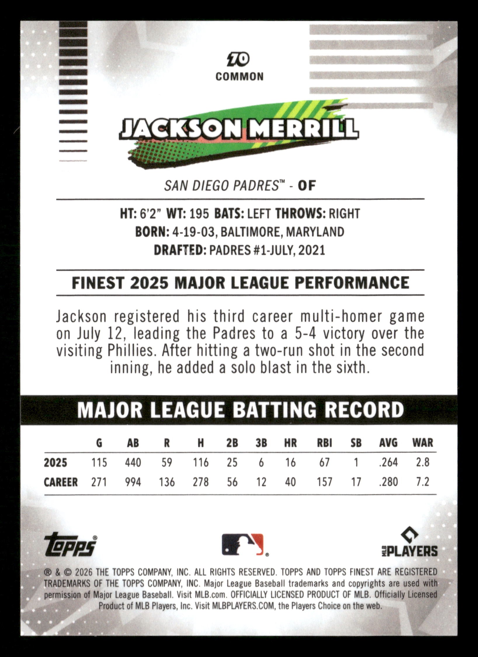 2026 Finest #70 Jackson Merrill Gold X-Fractors #/50