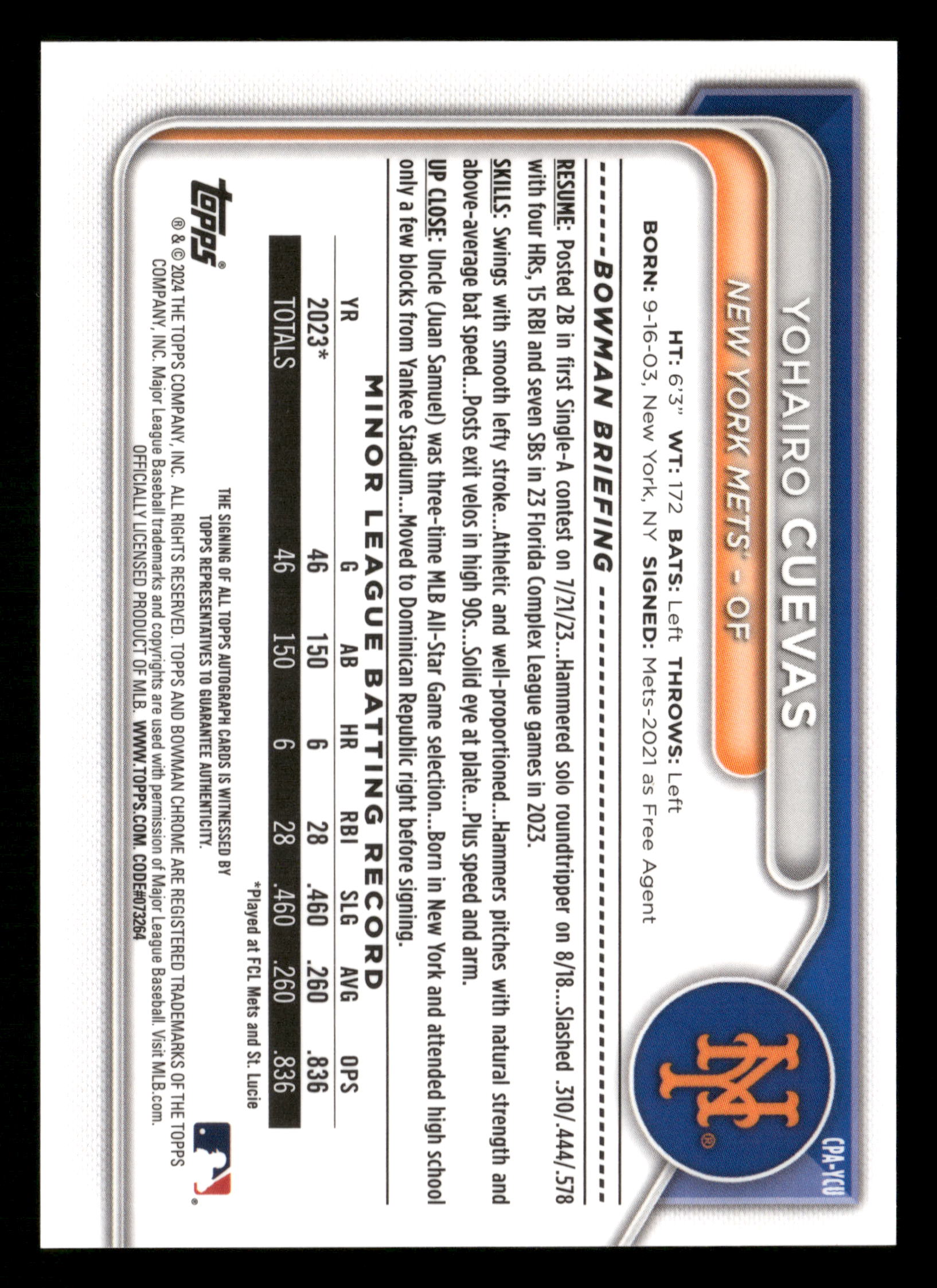 2024 Bowman Chrome #CPA-YCU Yohairo Cuevas Prospect Autographs Orange #/25
