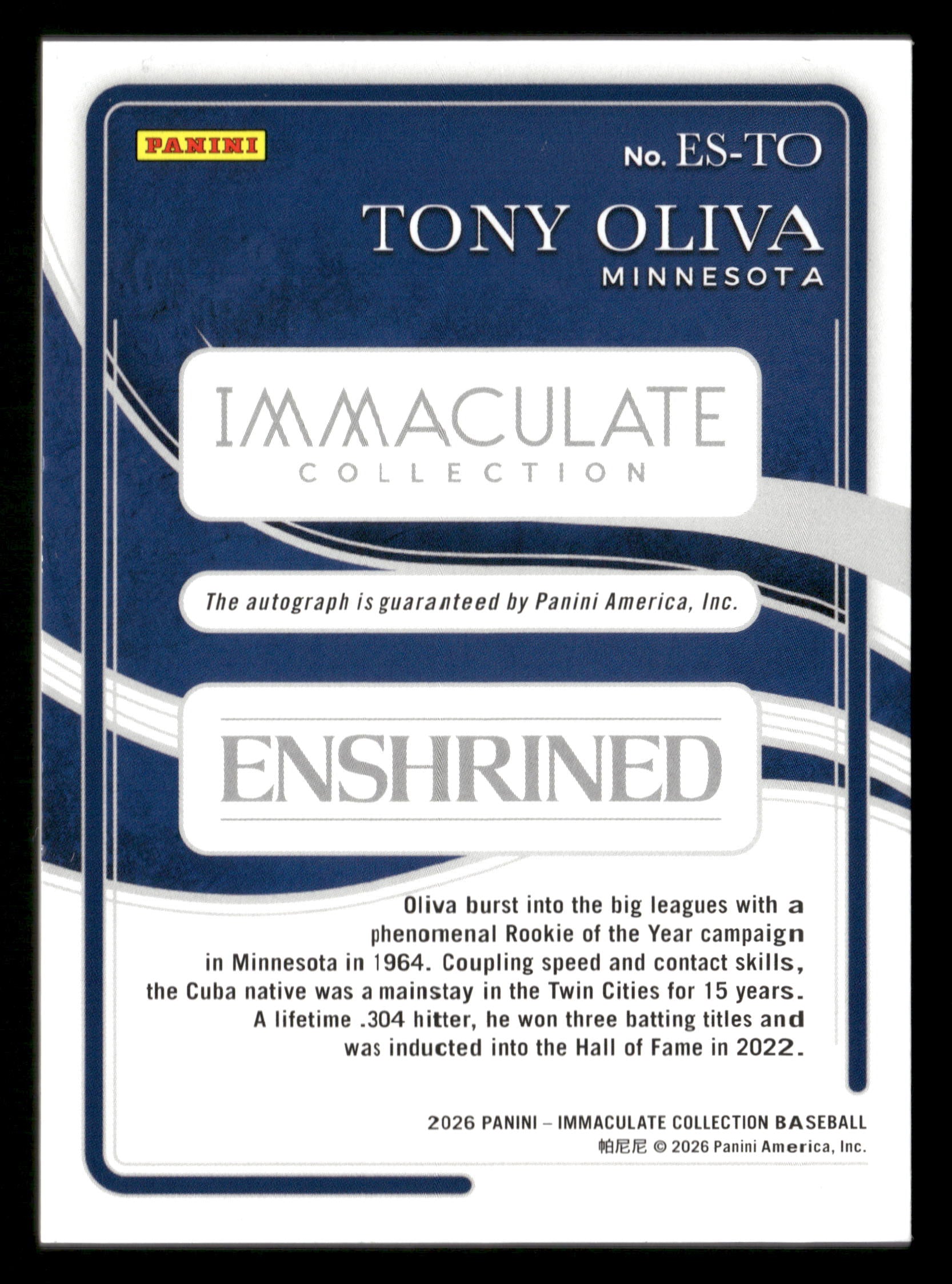 2026 Immaculate #ES-TO Tony Oliva Enshrined Signatures Gold #/10
