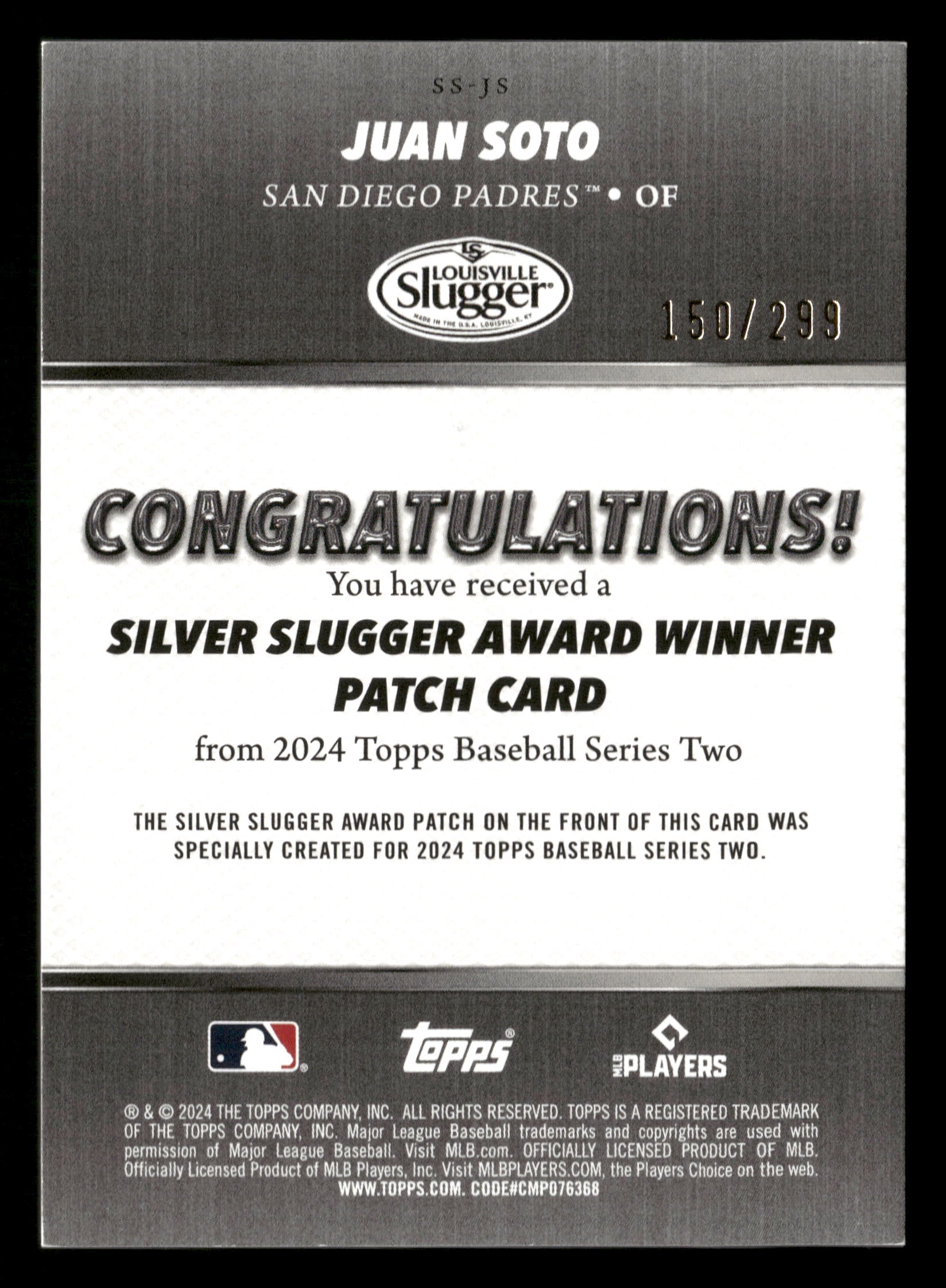 2024 Topps #SS-JS Juan Soto Silver Slugger Award Winner Patches Black #/299