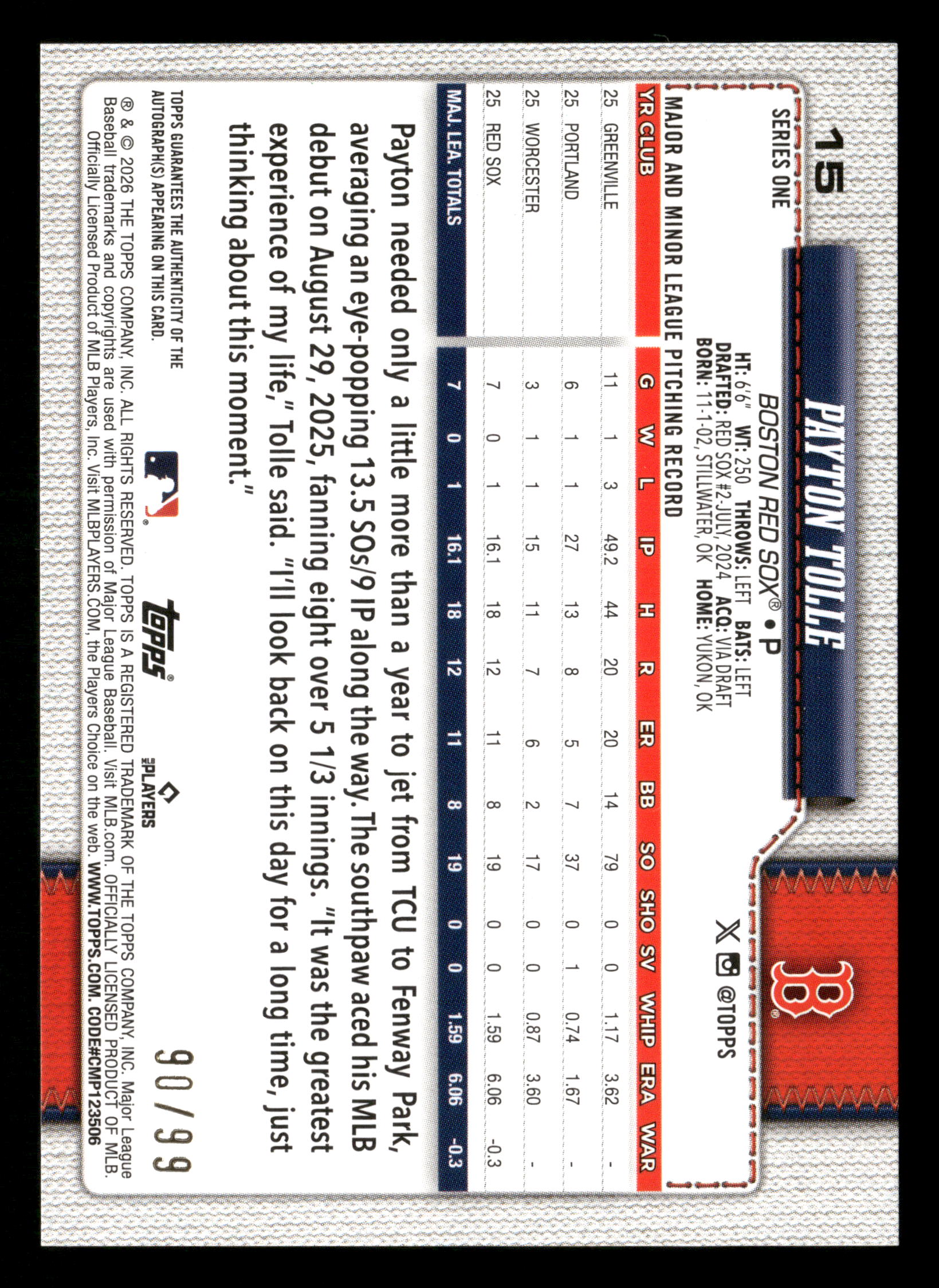 2026 Topps #15 Payton Tolle Flagship Real One Autographs Green Foil #/99