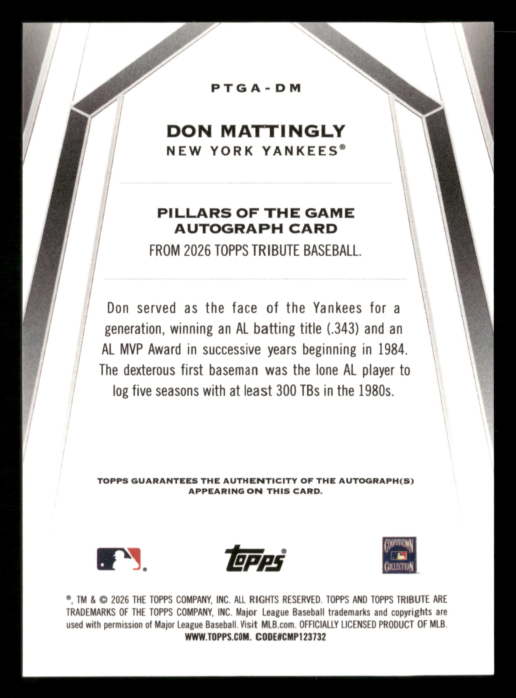 2026 Topps Tribute #PTGA-DM Don Mattingly Pillars of the Game Autographs #/100