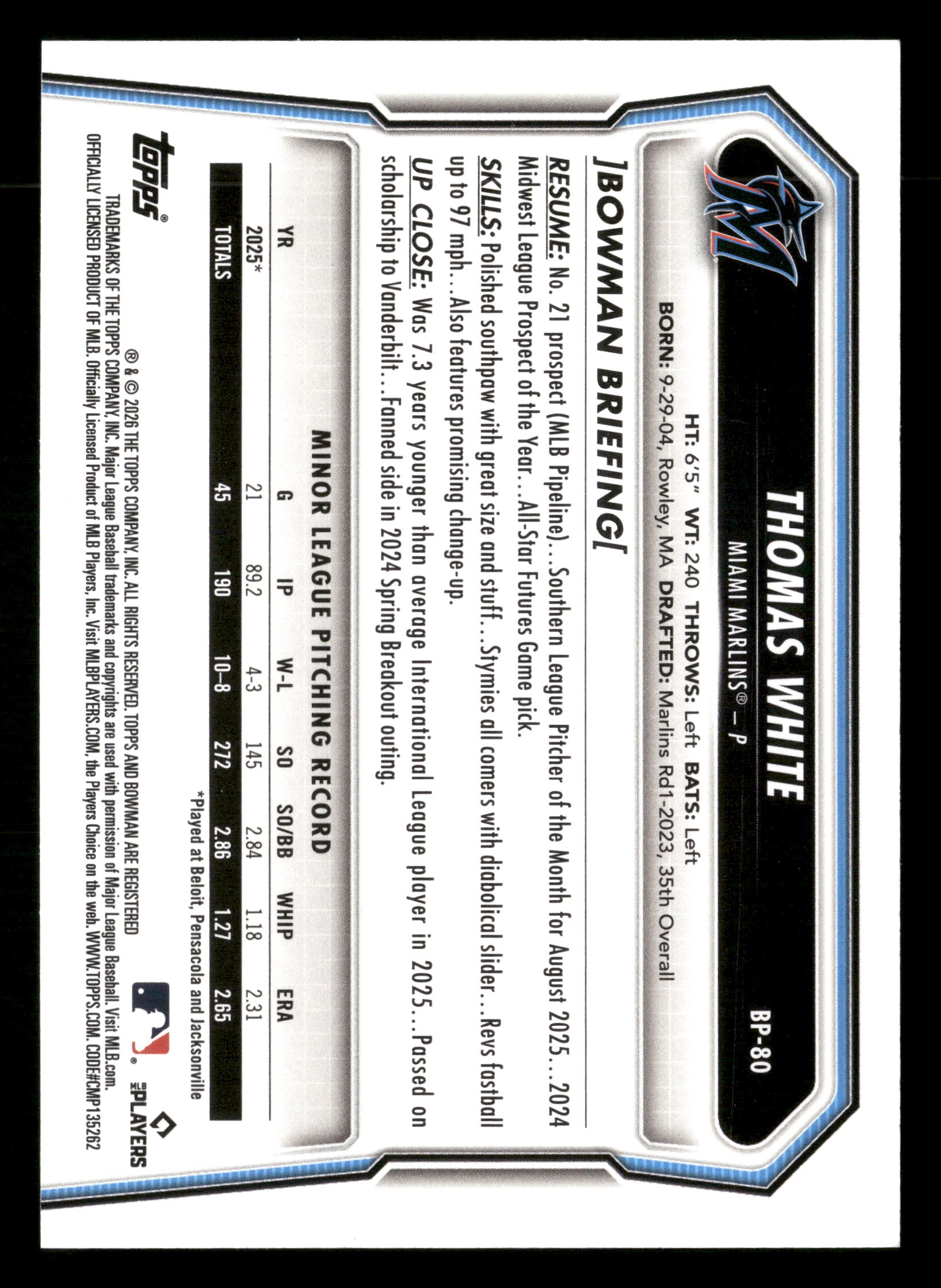 2026 Bowman #BP-80 Thomas White Prospects Gold Pattern #/50