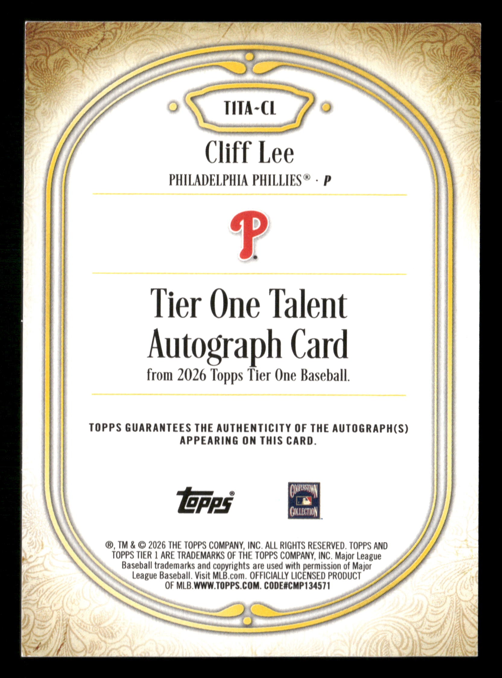 2026 Topps Tier One #T1TA-CL Cliff Lee Tier One Talent Autographs #/99