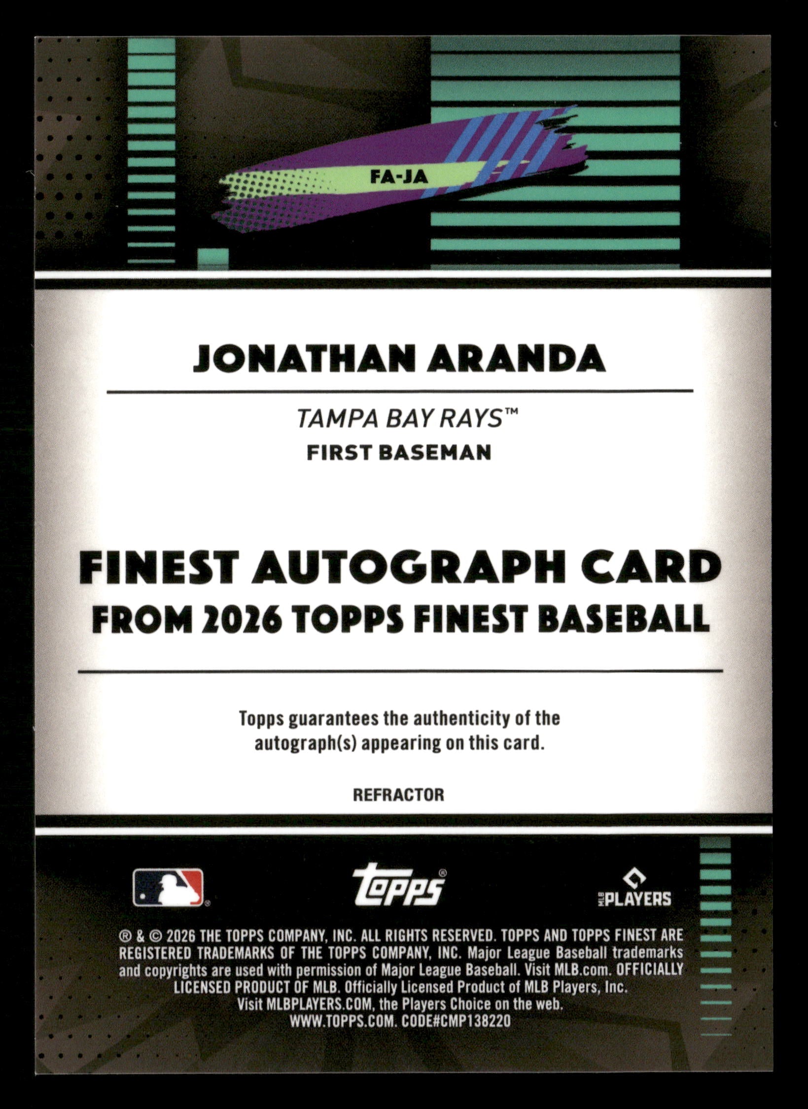 2026 Finest #FA-JA Jonathan Aranda Finest Autographs Refractors