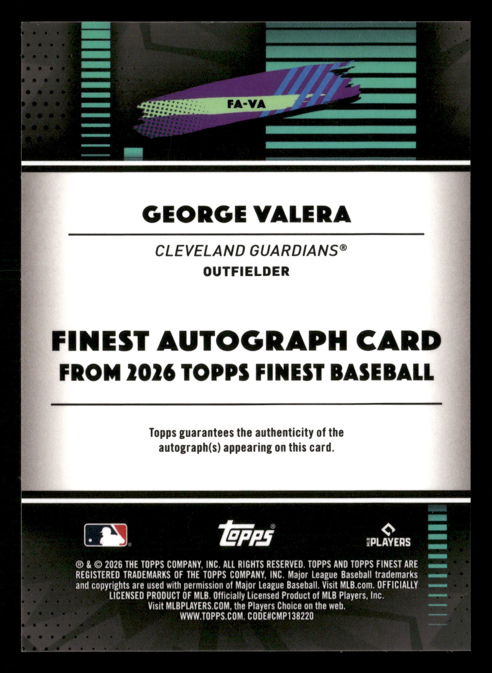2026 Finest #FA-VA George Valera Finest Autographs Blue Refractors #/150