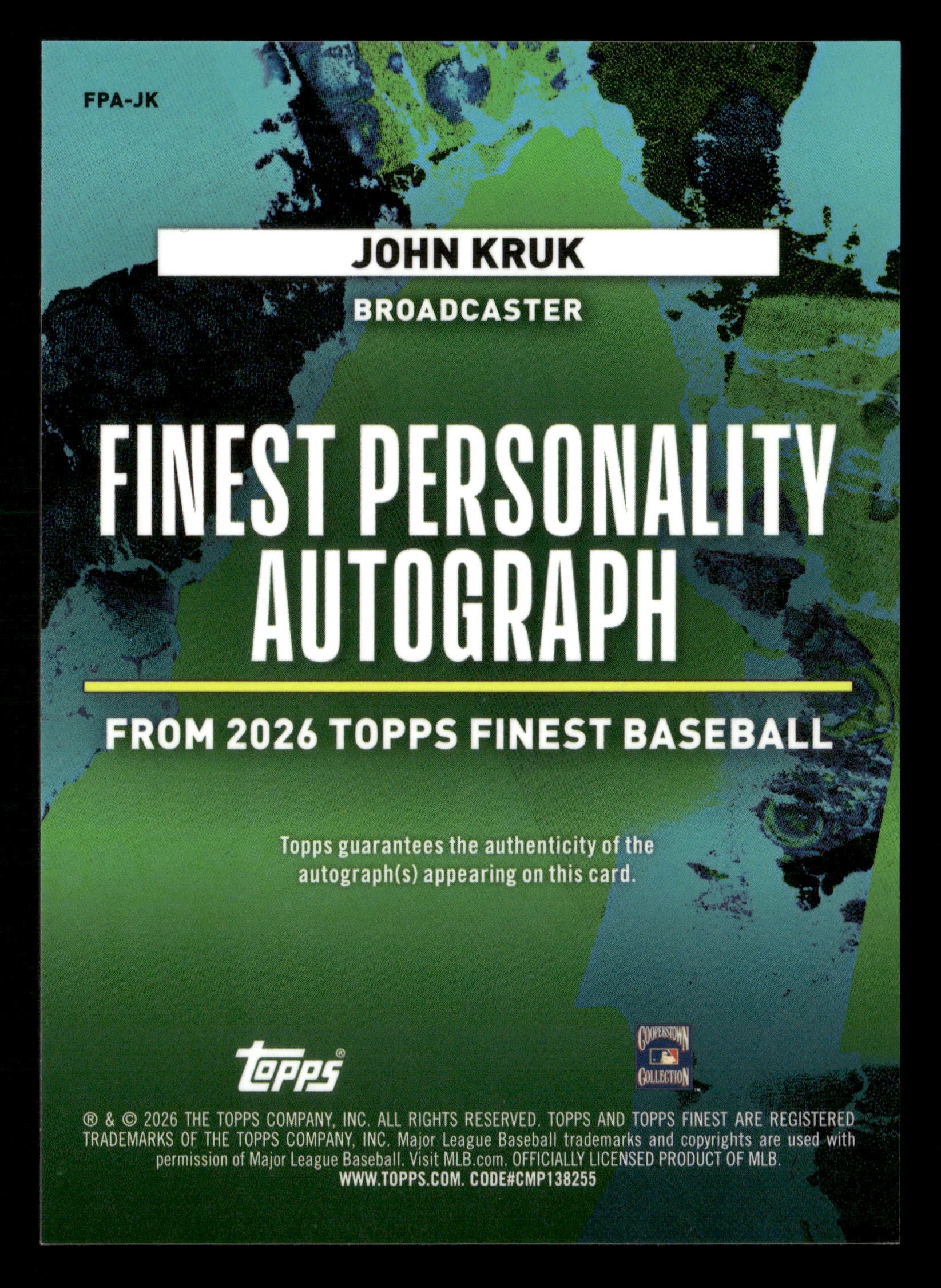 2026 Finest #FPA-JK John Kruk Finest Personality Autographs Gold #/50