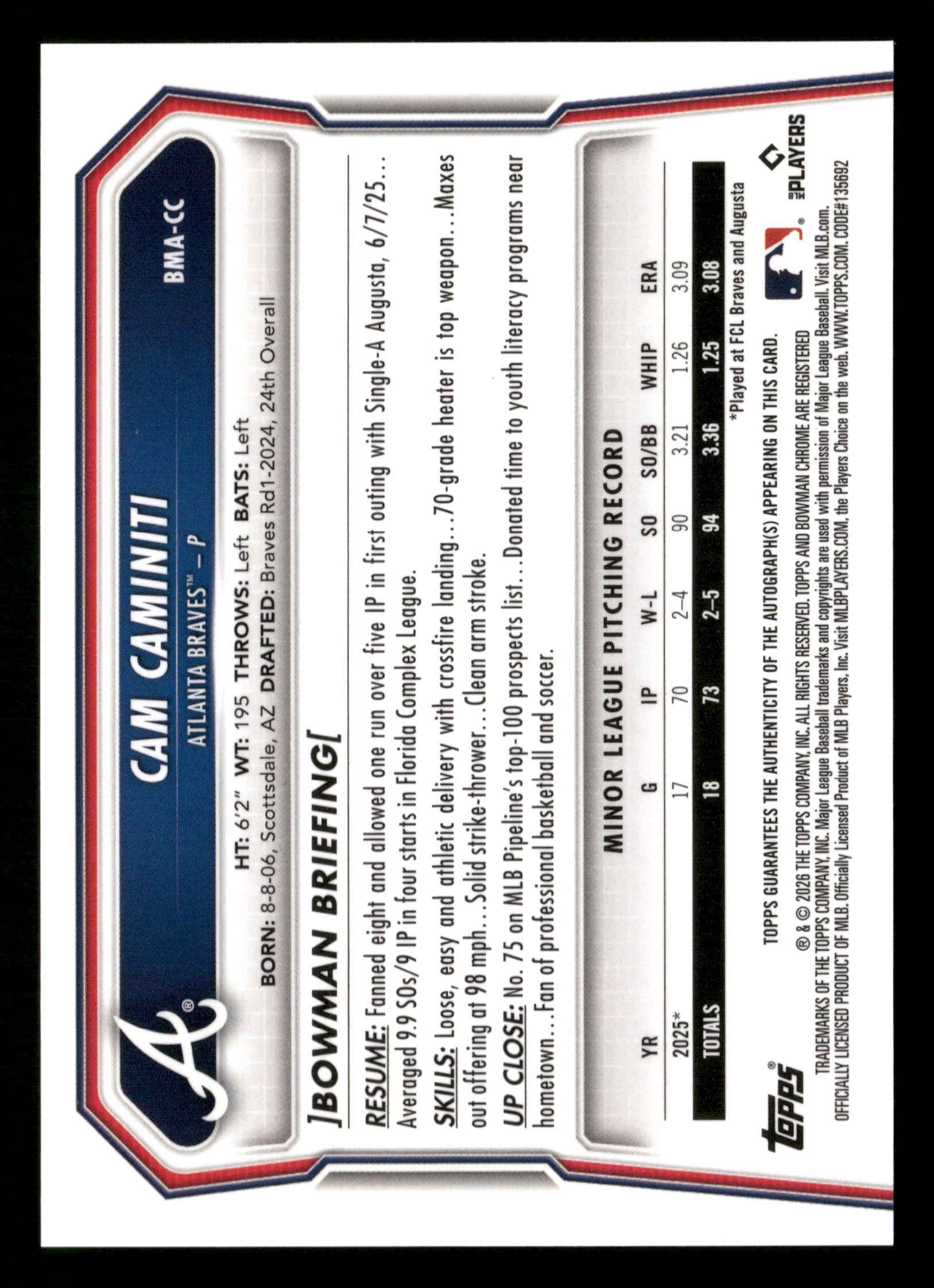 2026 Bowman #BMA-CC Cam Caminiti Chrome Autographs Mojo Refractors