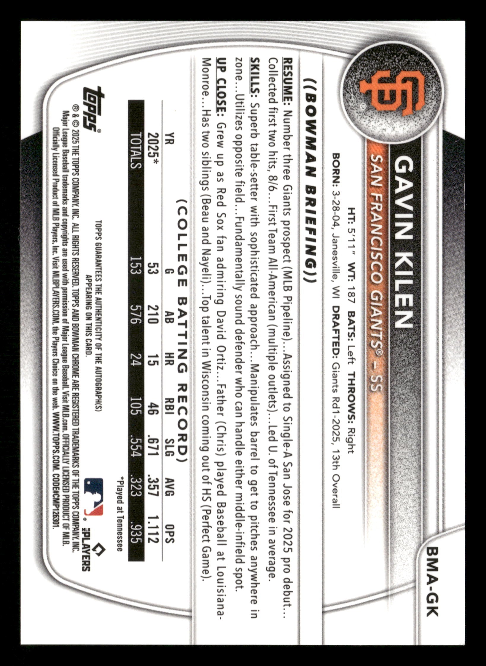 2025 Bowman Draft Gavin Kilen Chrome Prospect Autographs Blue Mojo #/150