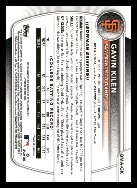 2025 Bowman Draft Gavin Kilen Chrome Prospect Autographs Blue Mojo #/150