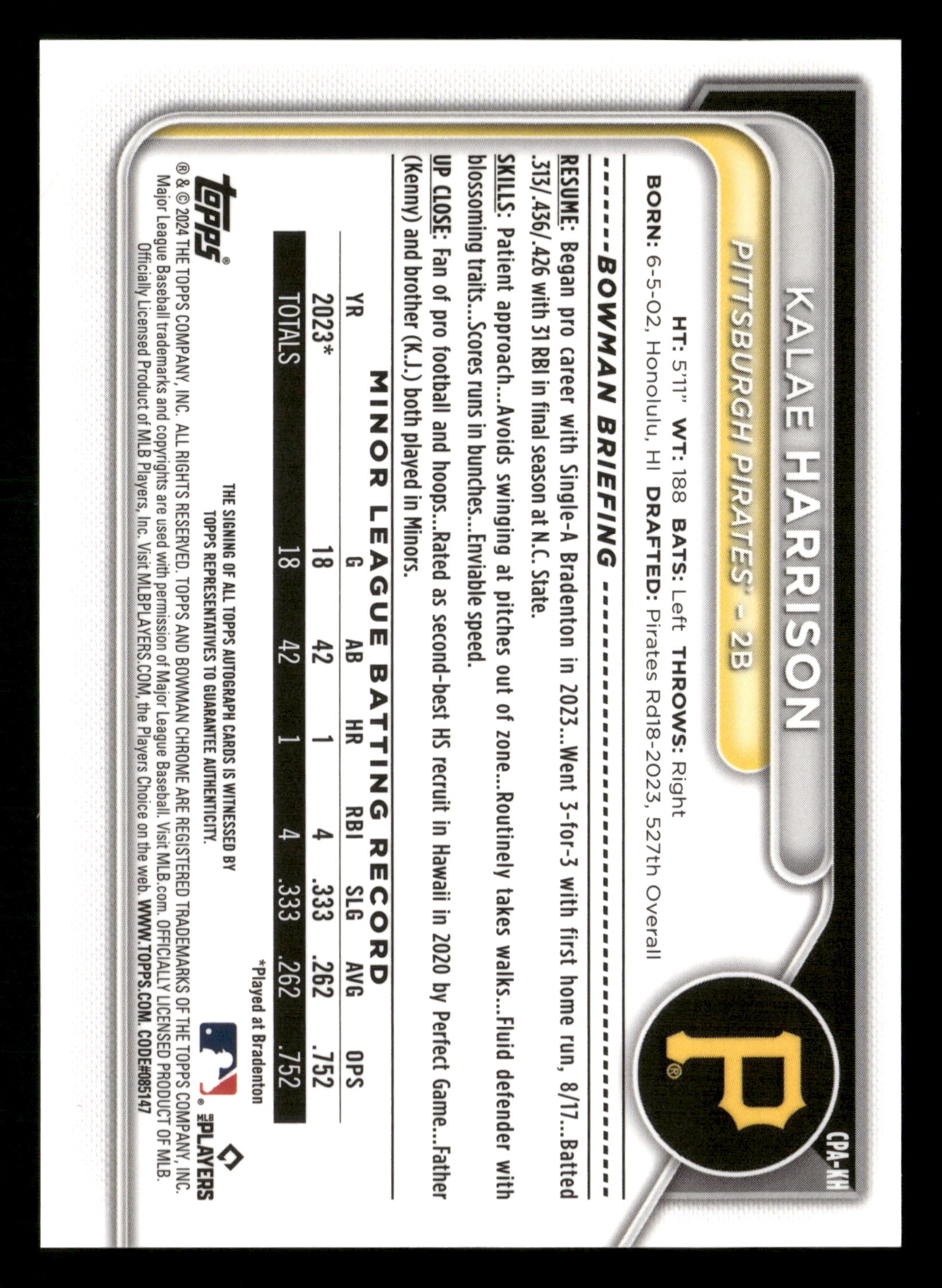 2024 Bowman Chrome #CPA-KH Kalae Harrison Prospect Autographs