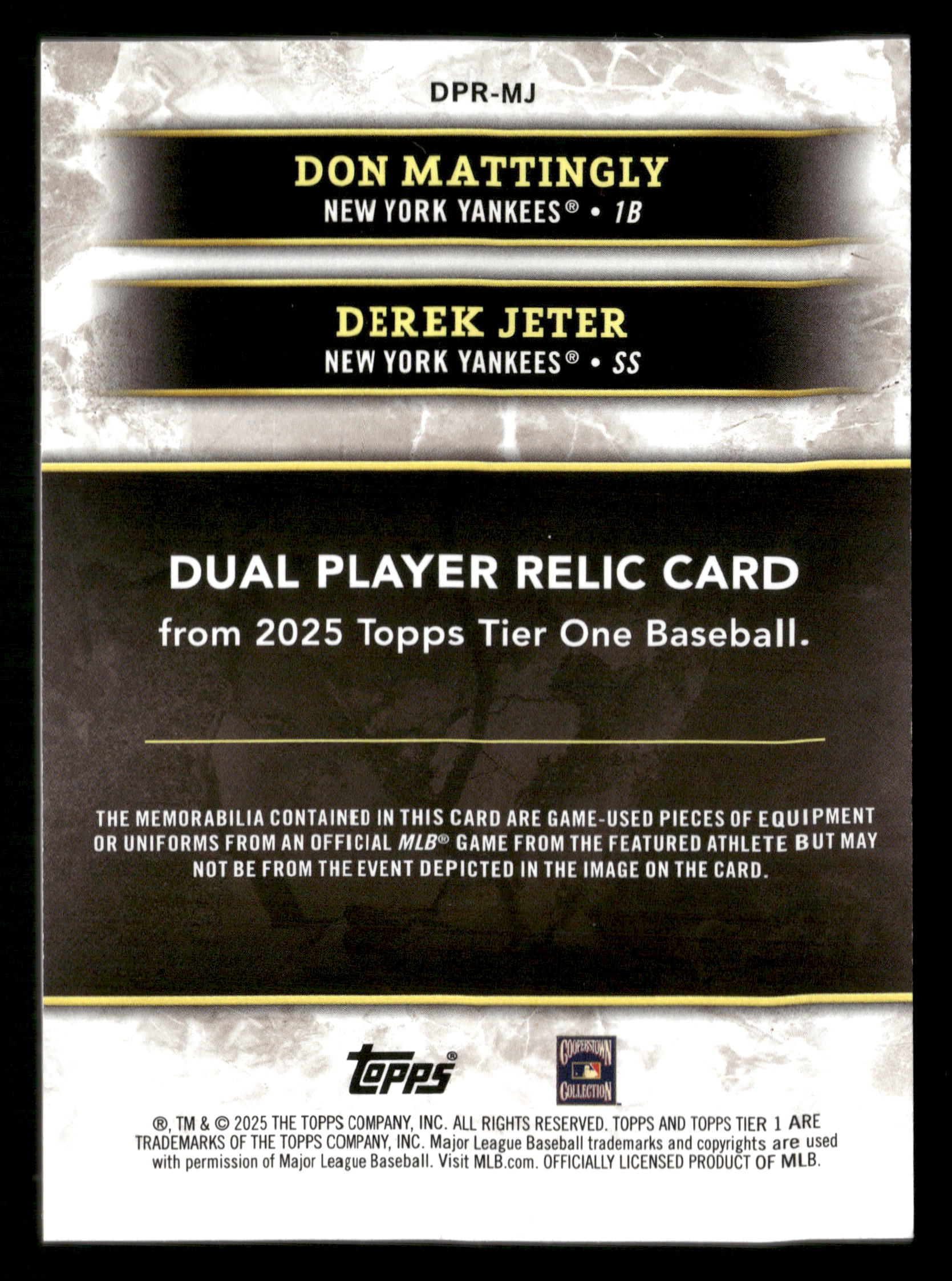 2025 Topps Tier One #DPR-MJ Don Mattingly / Derek Jeter Dual Player Relics #/10