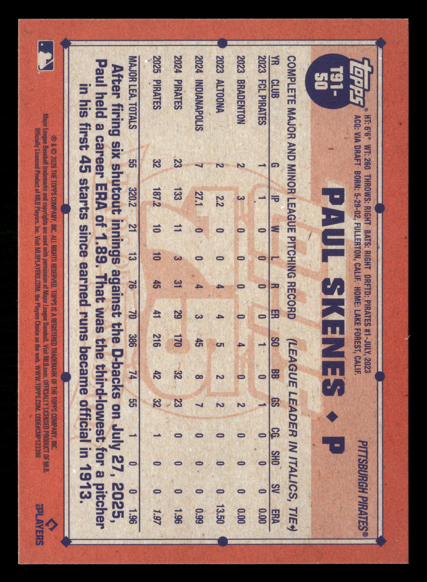 2026 Topps #T91-50 Paul Skenes 1991 35th Anniversary Crackle Foil (Series One)